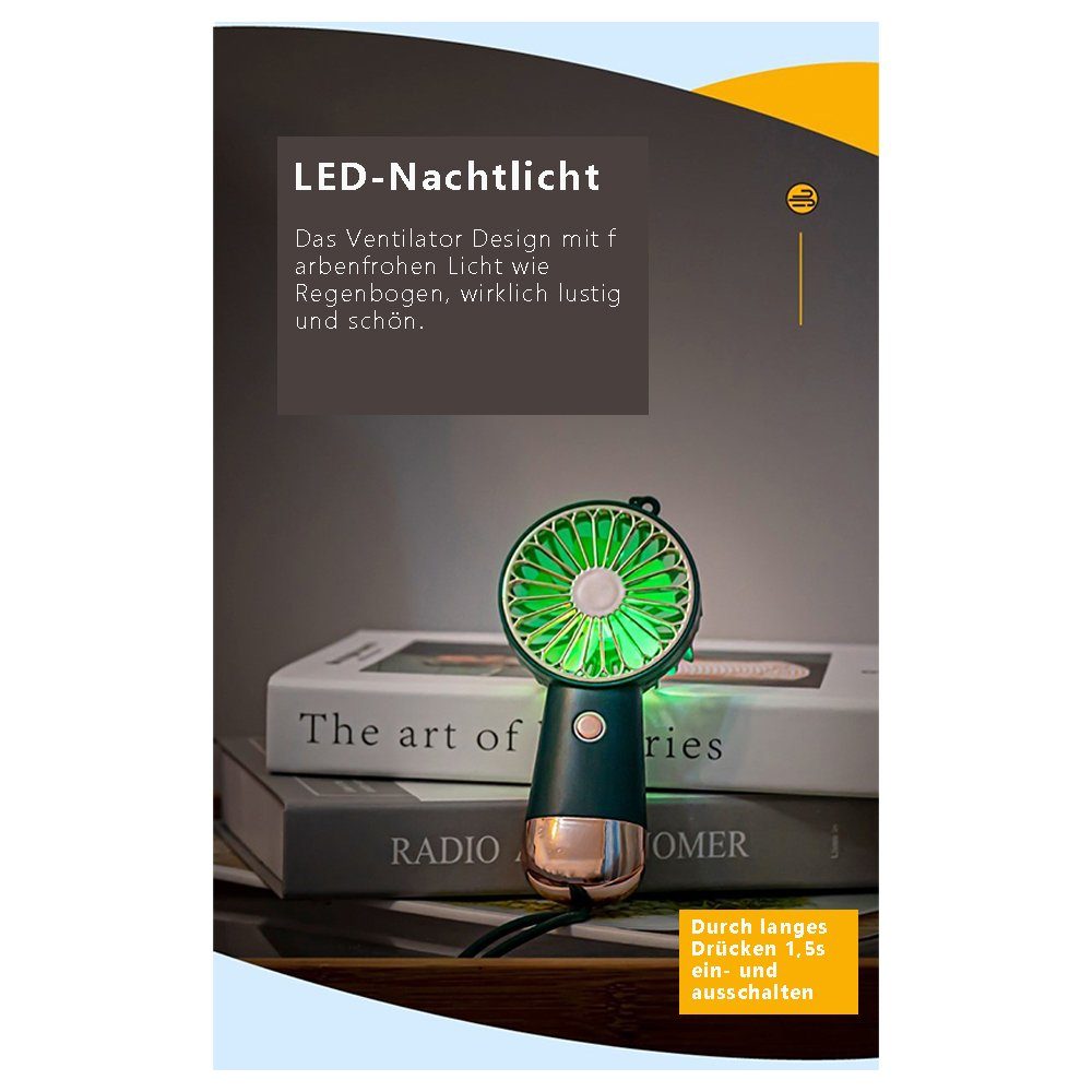 USB Dunkelgrün LED Tragbarer YOCKTECH 500mAh mit Handventilator Wiederaufladbarer Lanyard Handventilator Licht, mit Mini Ventilator, Taschenventilator