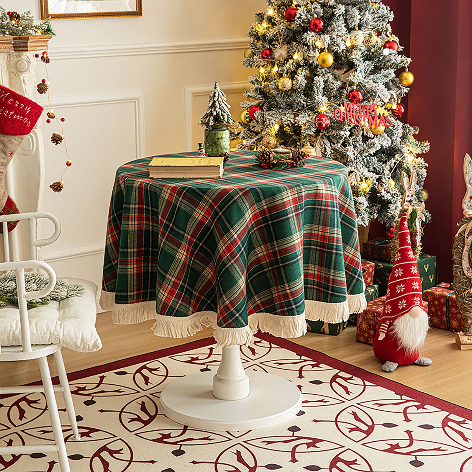 Tischdecke Karierte Tischdecke mit Quasten, Rechteckig, Rund, für Weihnachten
