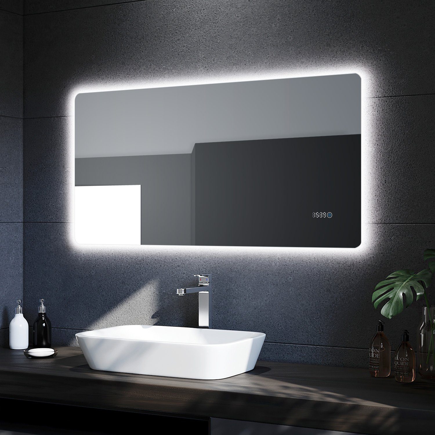 SONNI Badspiegel Badspiegel mit LED Uhr Temperaturanzeige 120x60 cm  Badezimmerspiegel, IP44 Energiesparend Wandspiegel mit Beleuchtung  Lichtspiegel