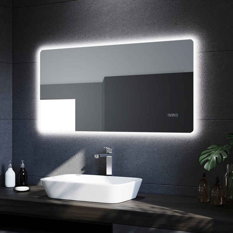 SONNI Badspiegel »mit LED, mit LED Uhr Temperaturanzeige 120x60 cm Badezimmerspiegel«, IP44 Energiesparend Wandspiegel mit Beleuchtung Lichtspiegel