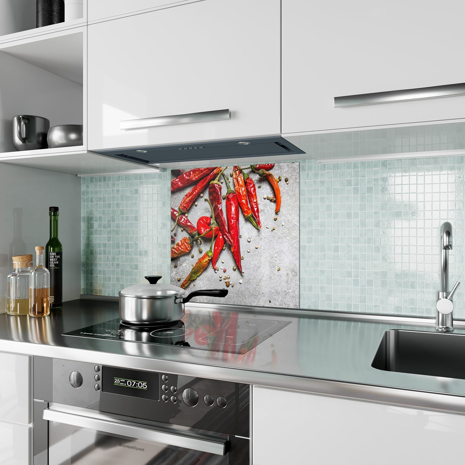Primedeco Küchenrückwand Küchenrückwand Spritzschutz Chilischoten Motiv auf mit Tisch Glas