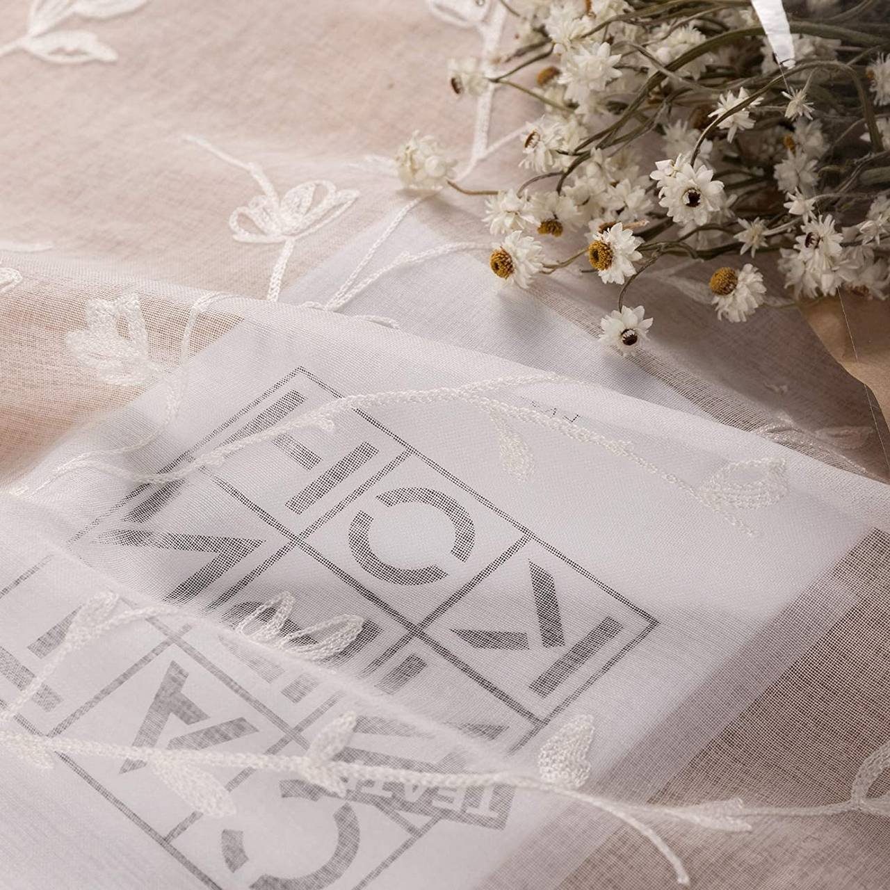 Woltu Gardine (2 St), halbtransparent, Blumen Stickerei mit Schlaufen Leinen Optik