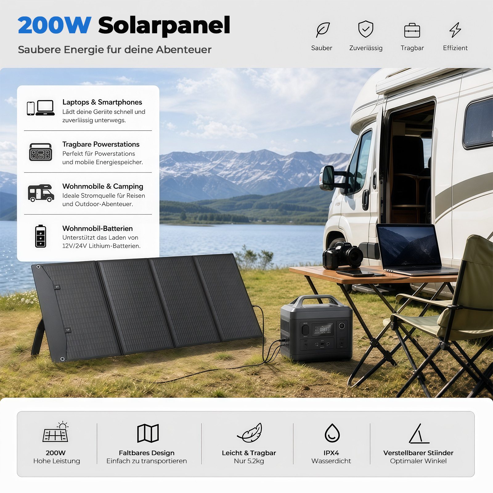 GLIESE Solarmodul 200W 18V Faltbar Solarpanel Tragbare Solaranlage, Monokristallin, (Set, 4-fach Faltbares Solarpanel Solarmodul, 4-in-1 Ladekabel), Kompatibel  – Bild 5 von 5