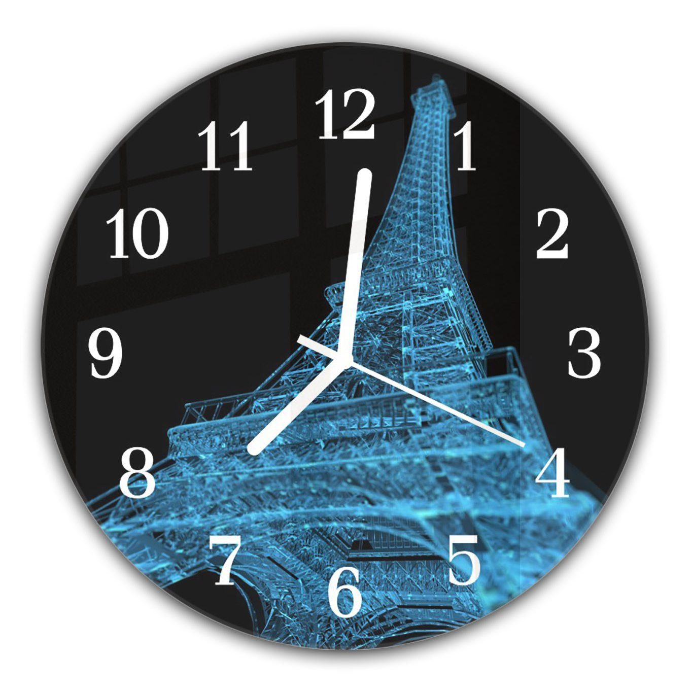 Primedeco Wanduhr Wanduhr aus Glas mit Motiv 3D Eiffelturm - Rund mit Durchmesser 30 cm und Quarzuhrwerk | Wanduhren