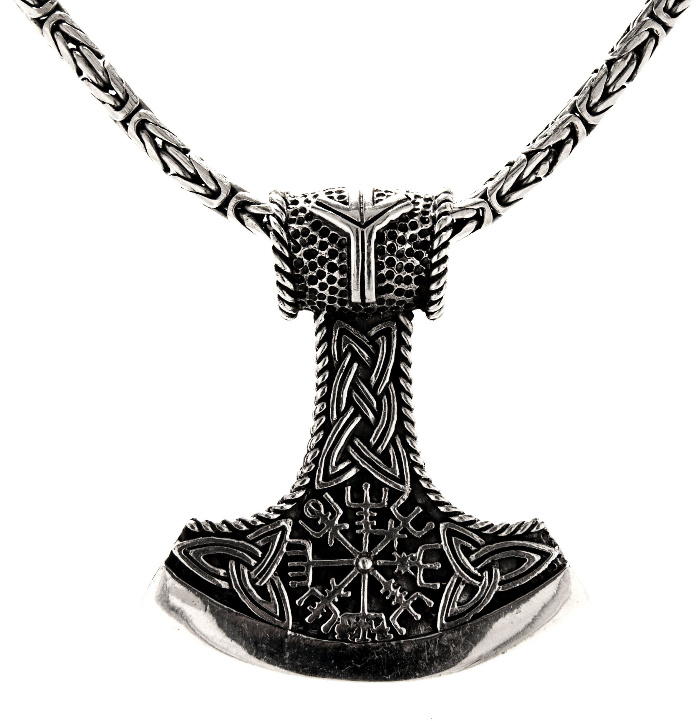 Kiss of Leather Kette mit Anhänger Thorshammer Thor Hammer Wikingerkompass Vegvisir Königskette 3 mm