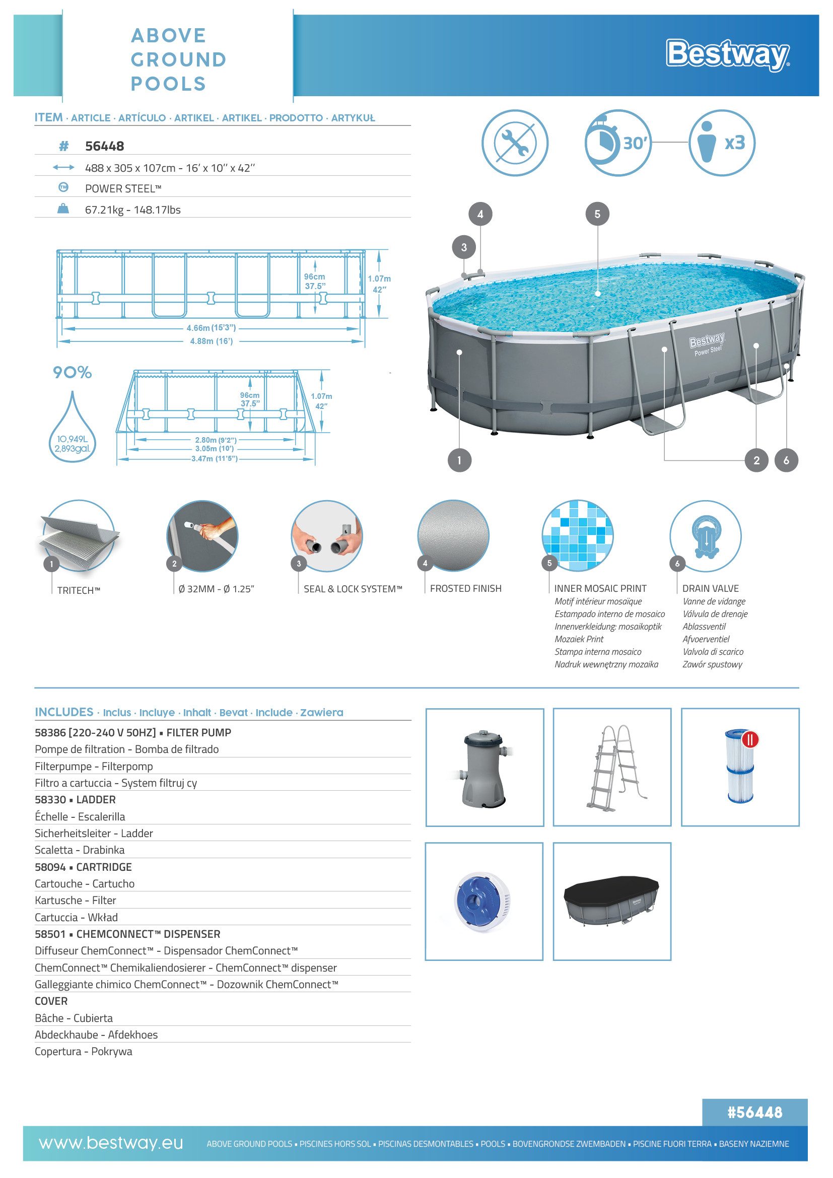 Bestway Framepool Power Steel™ Frame Pool Komplett-Set mit Filterpumpe 488 x 305 x 107