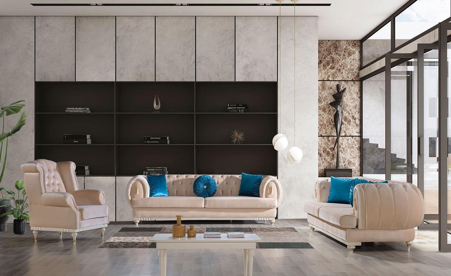JVmoebel Polstergarnitur Beige Loungemöbelset aus Textil und Holz mit elegantem Design, (Set, 3-tlg., Nur Sofas 3+2+1 Sitzer), Made in Europa