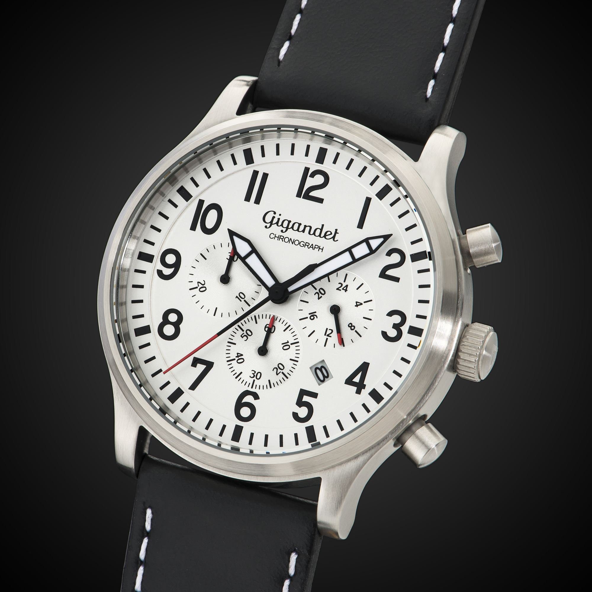 Gigandet Chronograph Armbanduhr, Herrenuhr, Fliegeruhr, 46mm, DESTINATION G15-002, Mineralglas, Datumsanzeige, Lederband, 10bar/100m wasserdicht