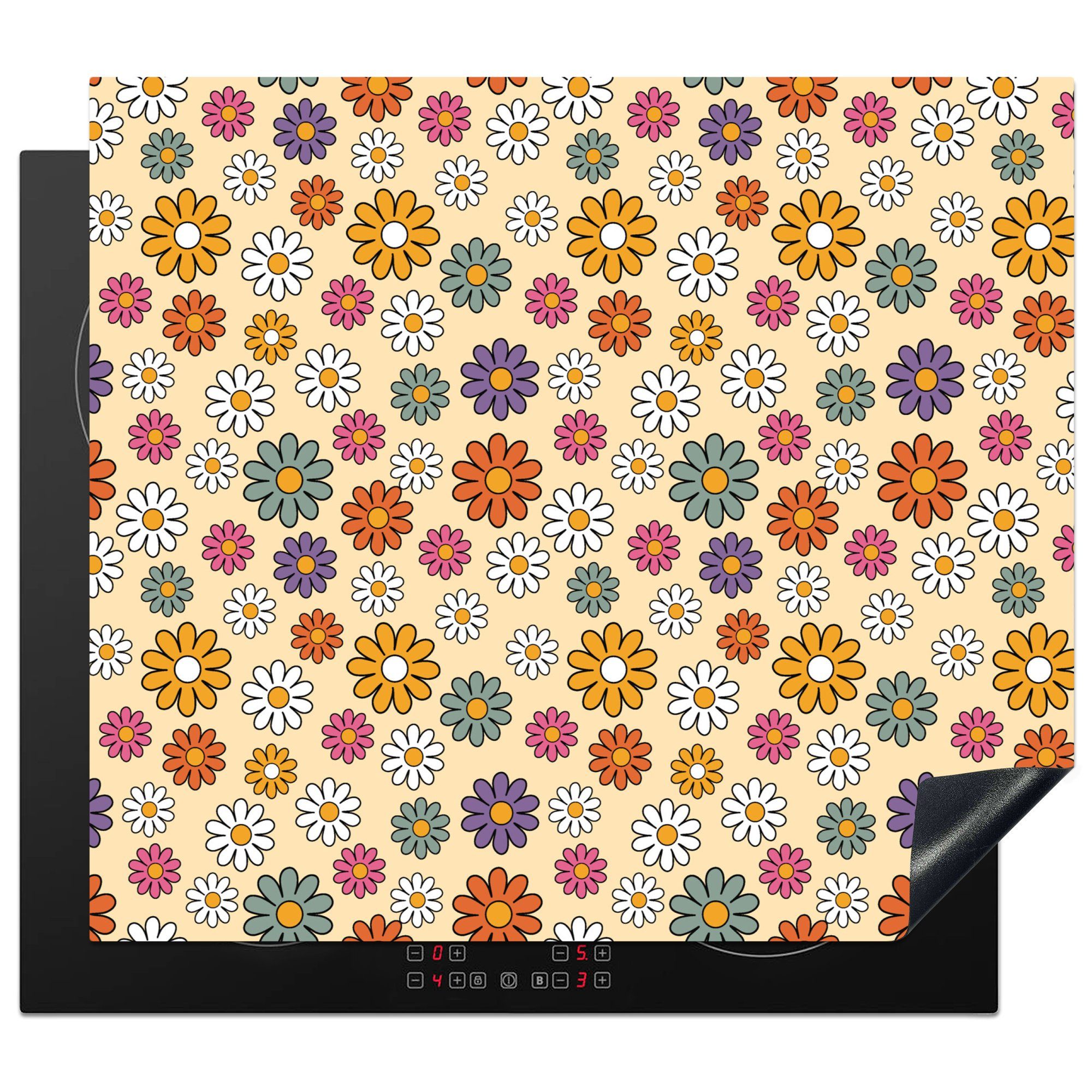 MuchoWow Herdblende-/Abdeckplatte Vintage - Muster - Blumen - Pflanzen, Vinyl, (1 tlg), 60x52 cm, Mobile Arbeitsfläche nutzbar, Ceranfeldabdeckung
