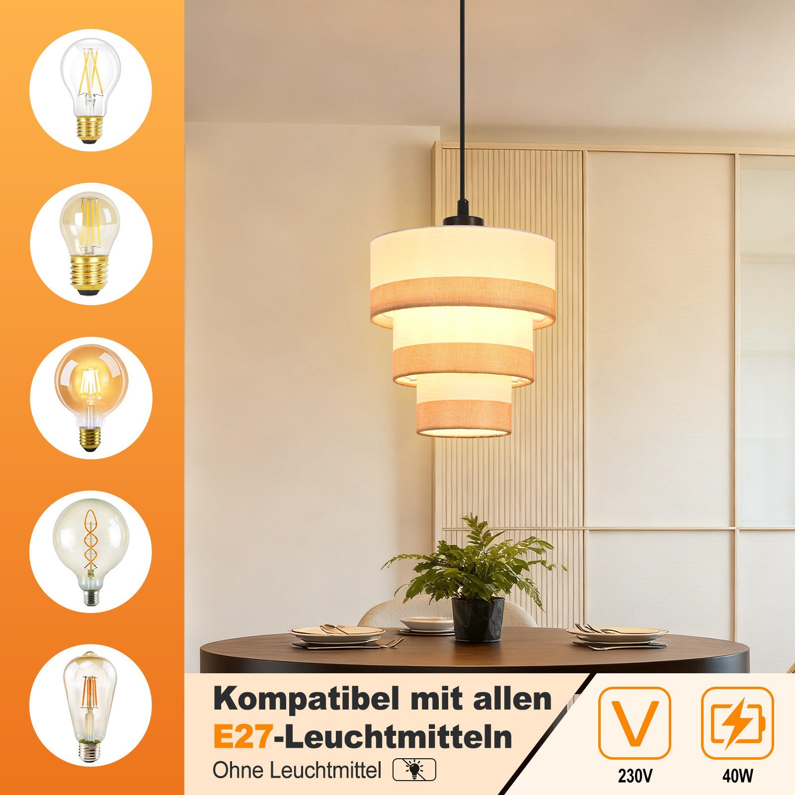 ZMH Pendelleuchte Esstisch 1/3/4 flammig E27 Retro Stoff Esszimmerlampe, ohne Leuchtmittel, 120cm Höhenverstellbare Hängeleuchte für Küche Wohnzimmer