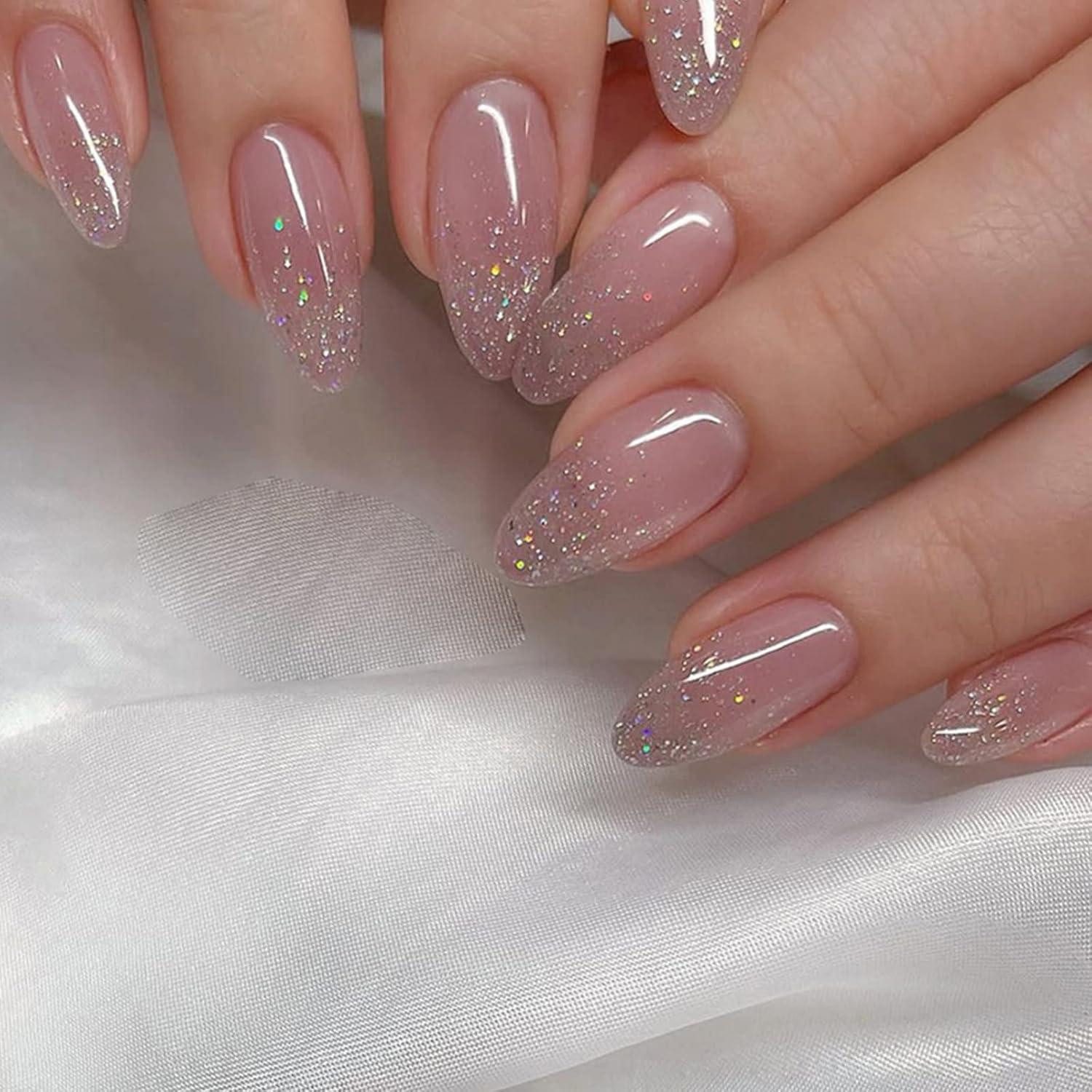 Kunstfingernägel 24 Künstliche Nägel Kurz Mandel Rosa Glänzend Acryl Press on Nails