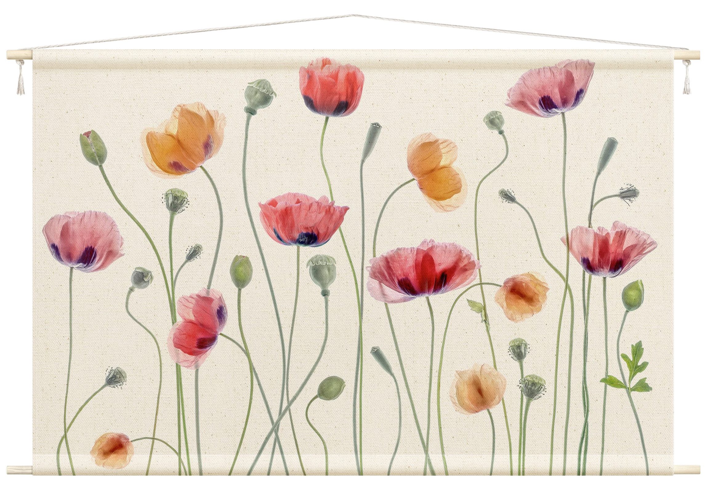 Bilderdepot24 Wandteppich modern Blumen Mohnblume weiss, rechteckig, Höhe: 2.6 mm, großes Wandbild aus Natur-Baumwolle Wandbehang Stoffbild Tuch Wollseil