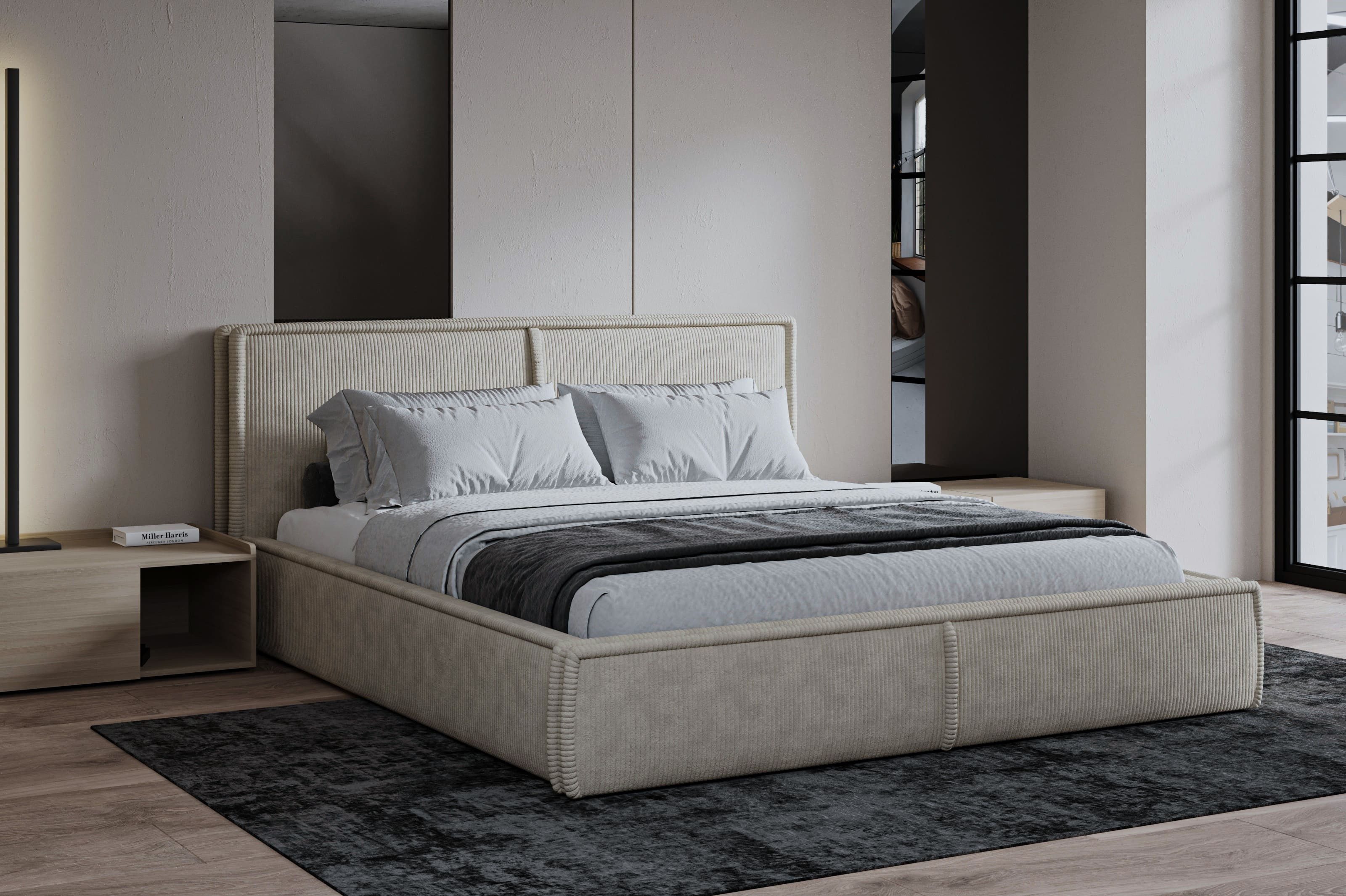 MOEBLO Polsterbett BETT 04 (Bezug: aus Cord, Doppelbett mit Kopfstütze, Rahmenbettgestell 180x200, mit Bettkasten und Lattenrost), mit Bettkasten