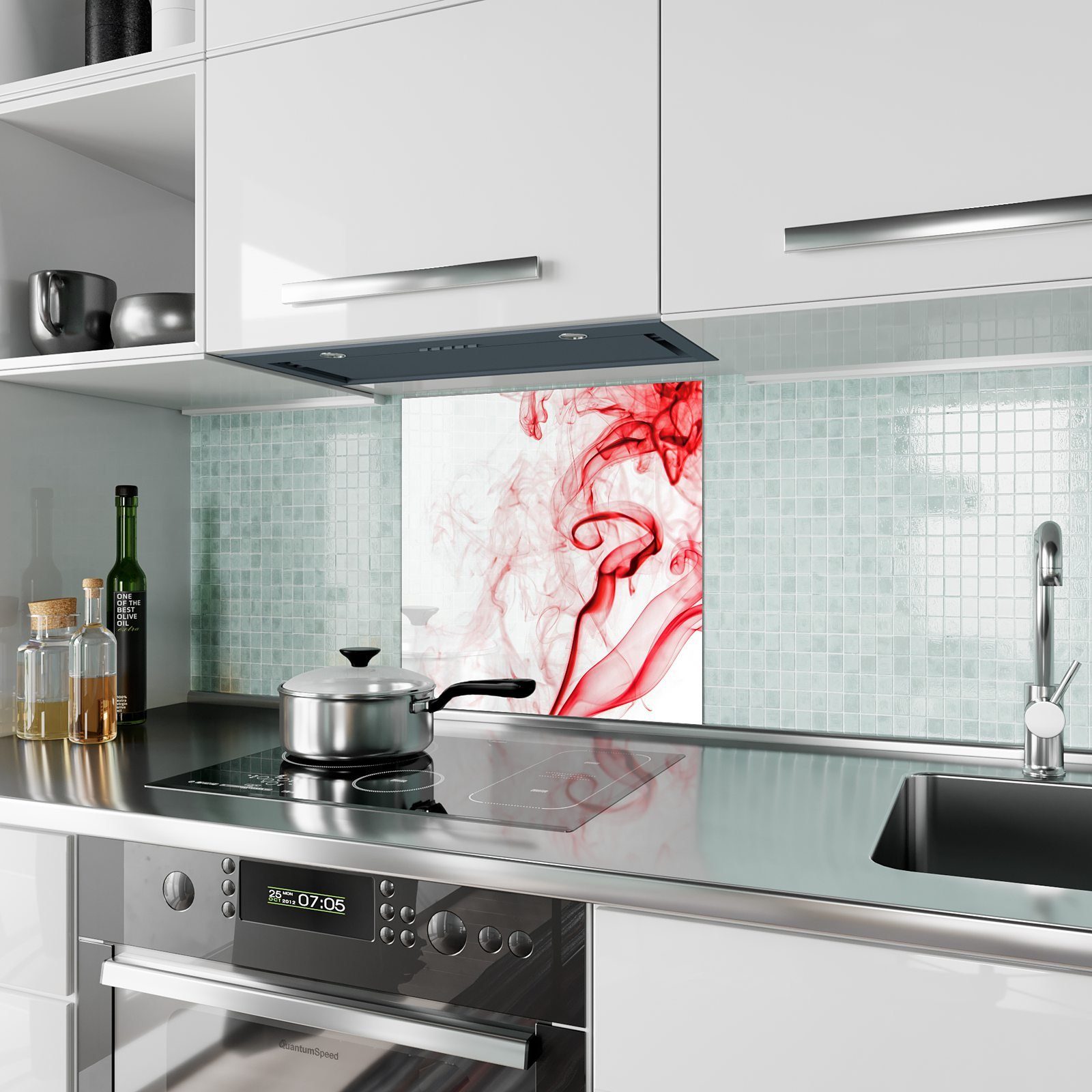 Primedeco Küchenrückwand Küchenrückwand Spritzschutz gemalenes Motiv Aquarell Glas Hand mit