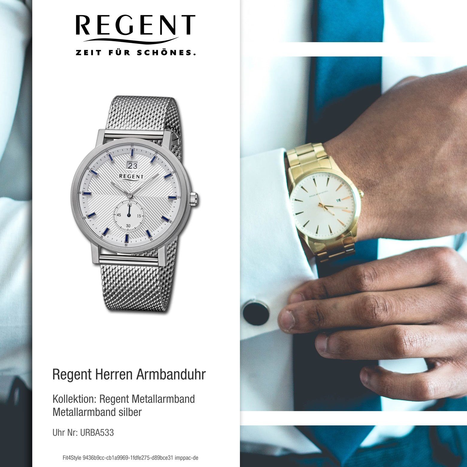 Armbanduhr Herren Armbanduhr rund, Analog, 39mm), Quarzuhr extra groß Regent Metallarmband (ca. Herren Regent