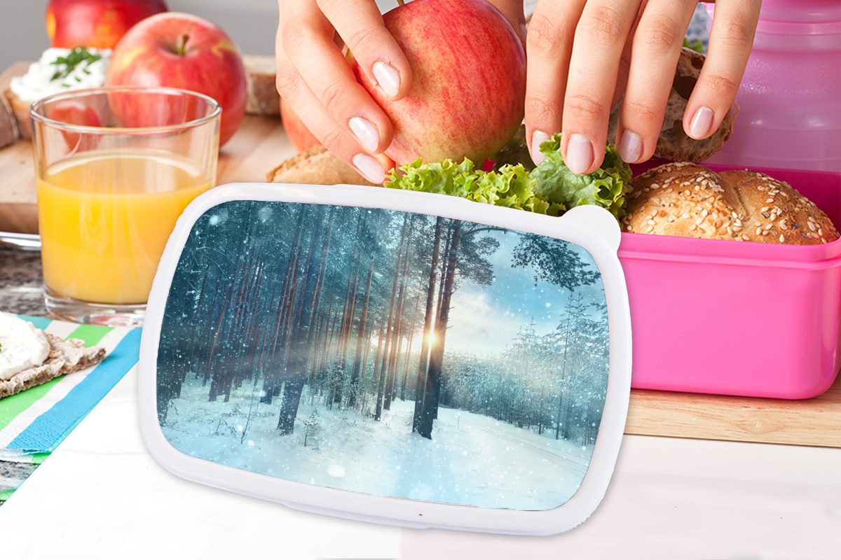 MuchoWow Lunchbox Kunststoff Kunststoff, Brotdose Erwachsene, rosa - (2-tlg), Schnee - für Wald, Snackbox, Mädchen, - Brotbox Sonne Kinder, Winter
