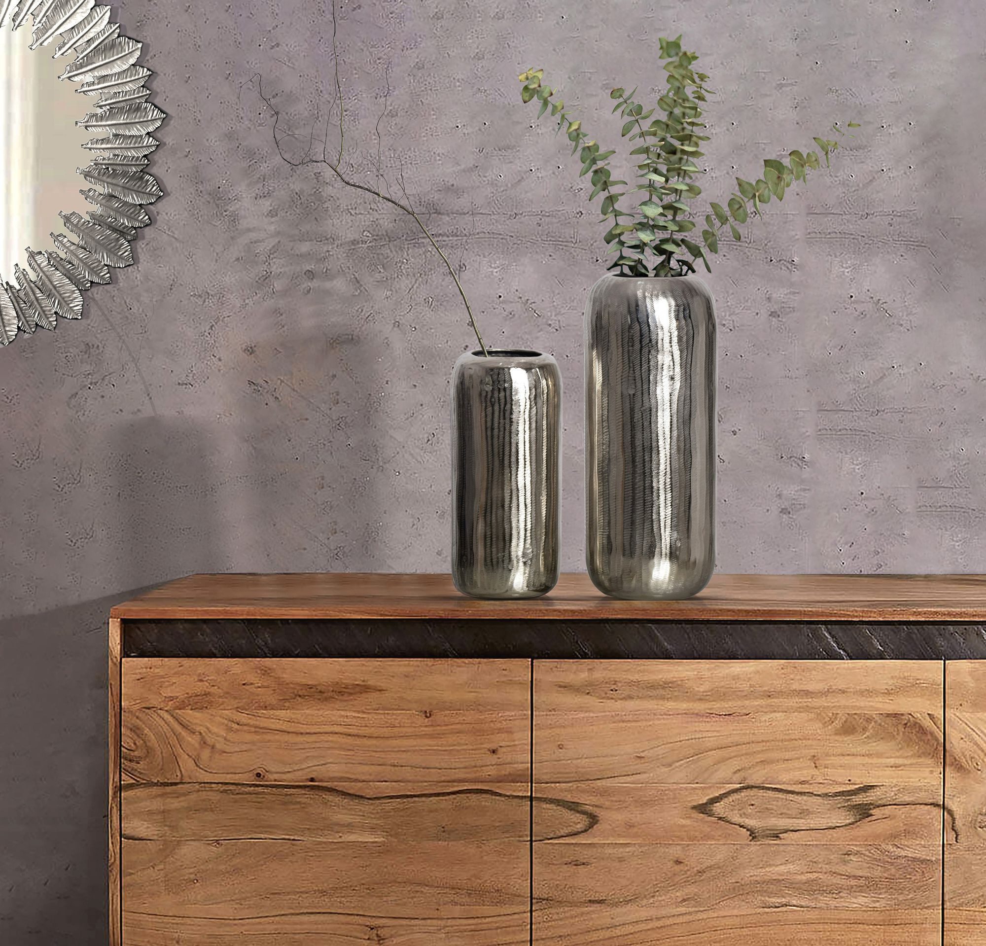 FINEBUY Tischvase FB65087 Vase 2er Set Blumenvase Aluminium Zylinder Rund Dekovase (2er Set Aluminium Blumenvase silber), Dekovase Rund 2-teilig für Blumen Alu Tischvase