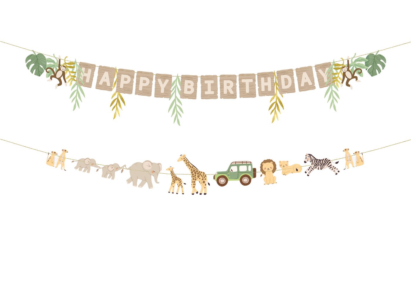 partydeco Girlande, Happy Birthday Girlande 180cm Safari Tiere Banner 2er Set Beige