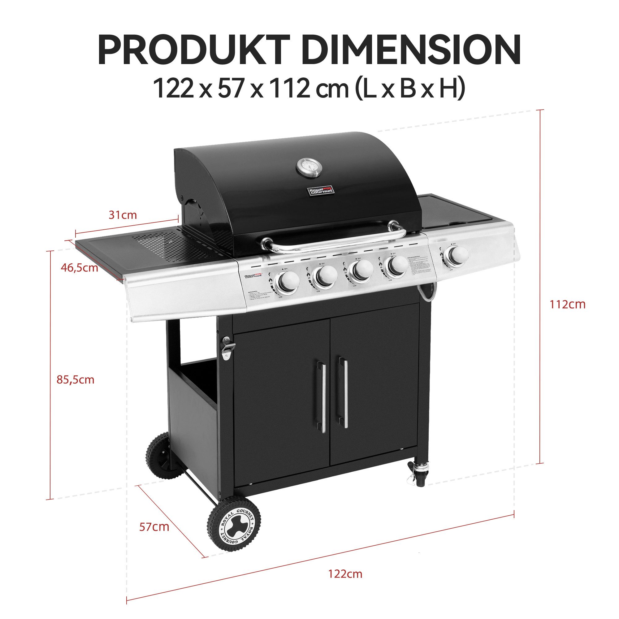 Royal Gourmet Gasgrill 4+1 Brenner Grillwagen mit Seitenbenner, automatischer Zündung, mit 14,5 kW Camping Gasgrill