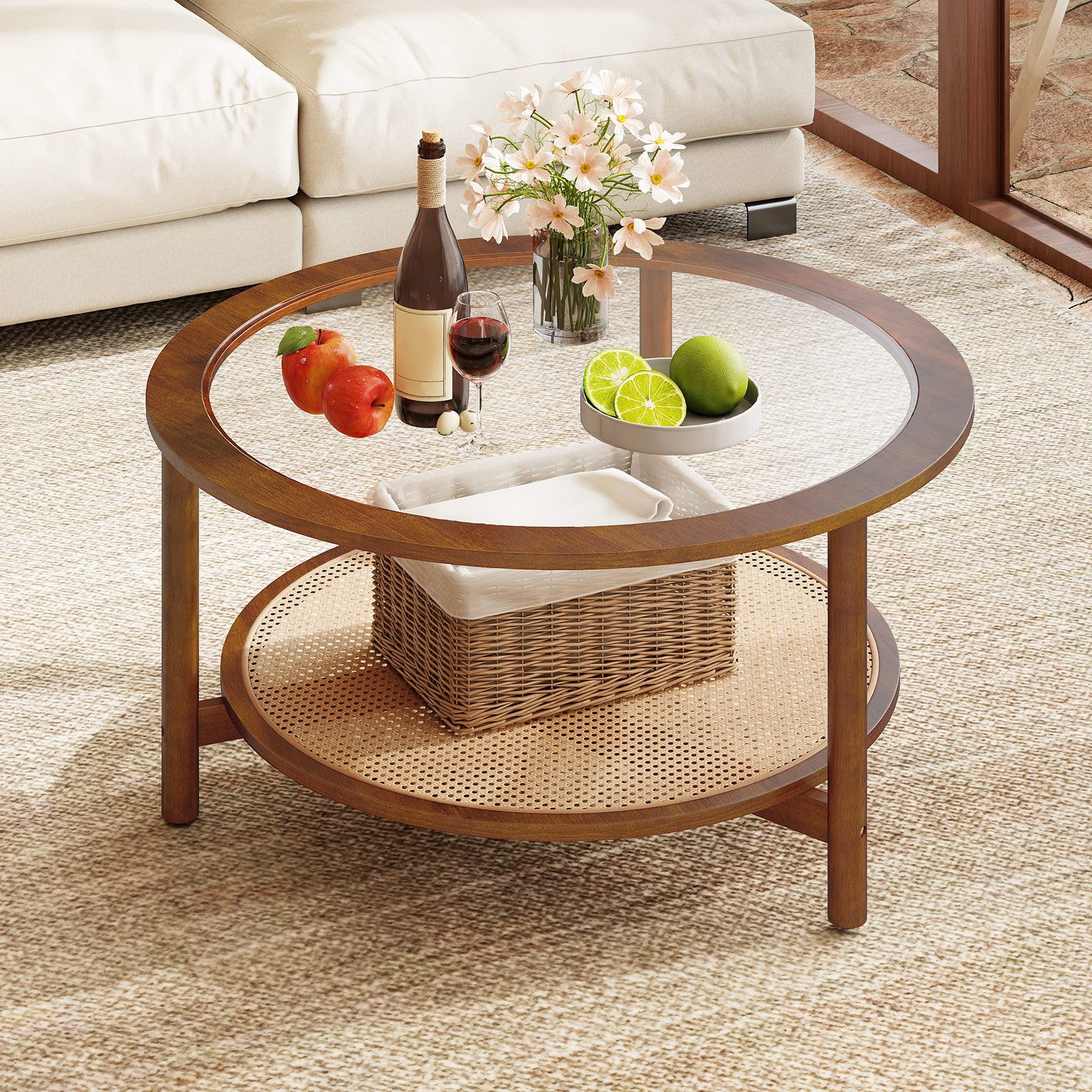 COSTWAY Couchtisch runder Beistelltisch mit Glasplatte & Ablage, 90cm Gummibaumholz