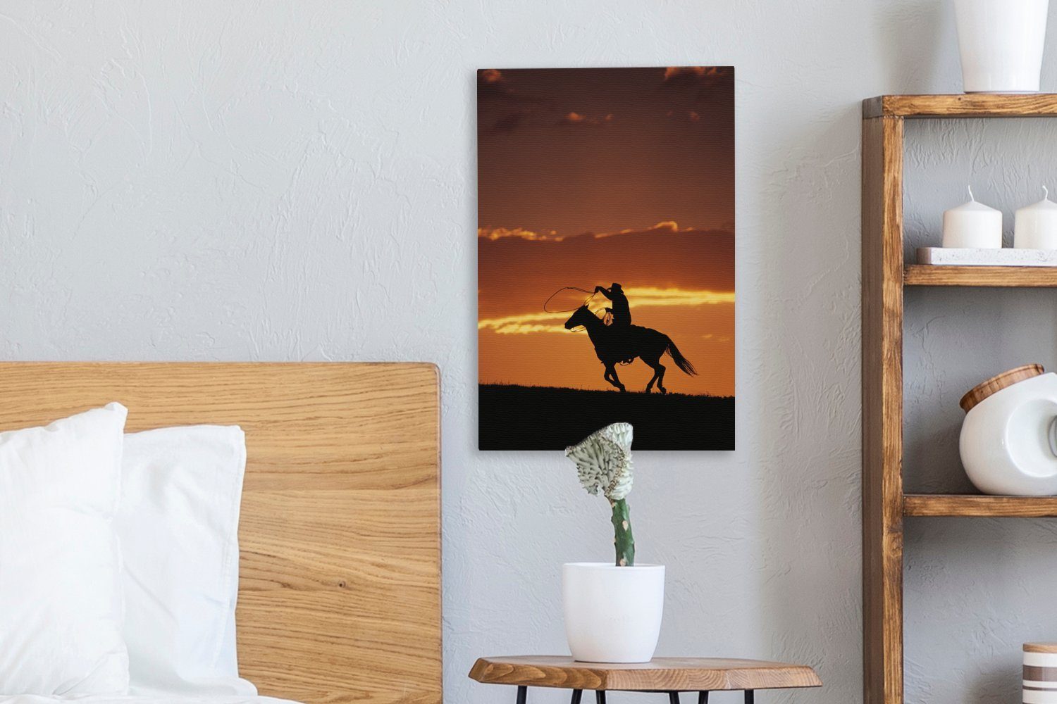 cm Pferd 20x30 Leinwandbild - inkl. bespannt Scherenschnitt, Leinwandbild fertig OneMillionCanvasses® St), (1 Cowboy Gemälde, Zackenaufhänger, -