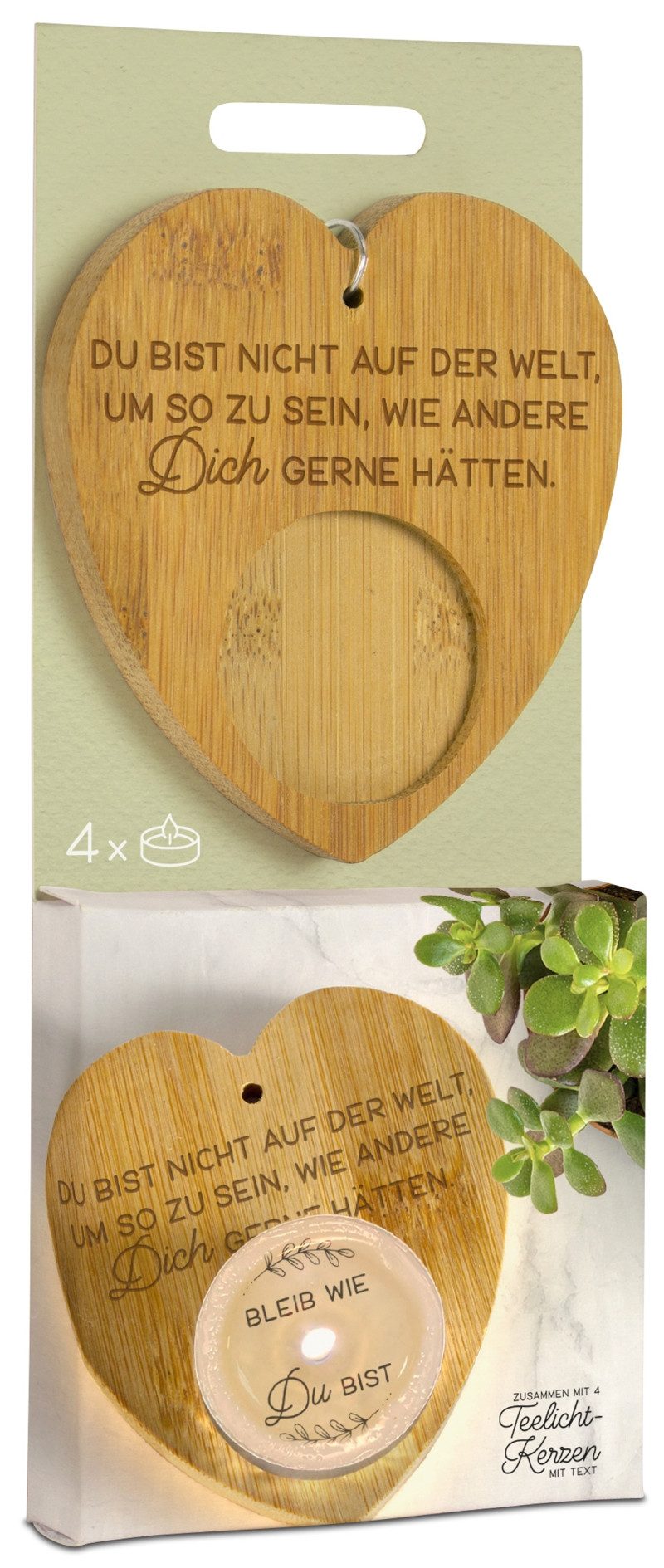 formano Teelichthalter Magic Kerze Bleib wie du bist Bambus-Herz + 4 Teelichter (1 St)