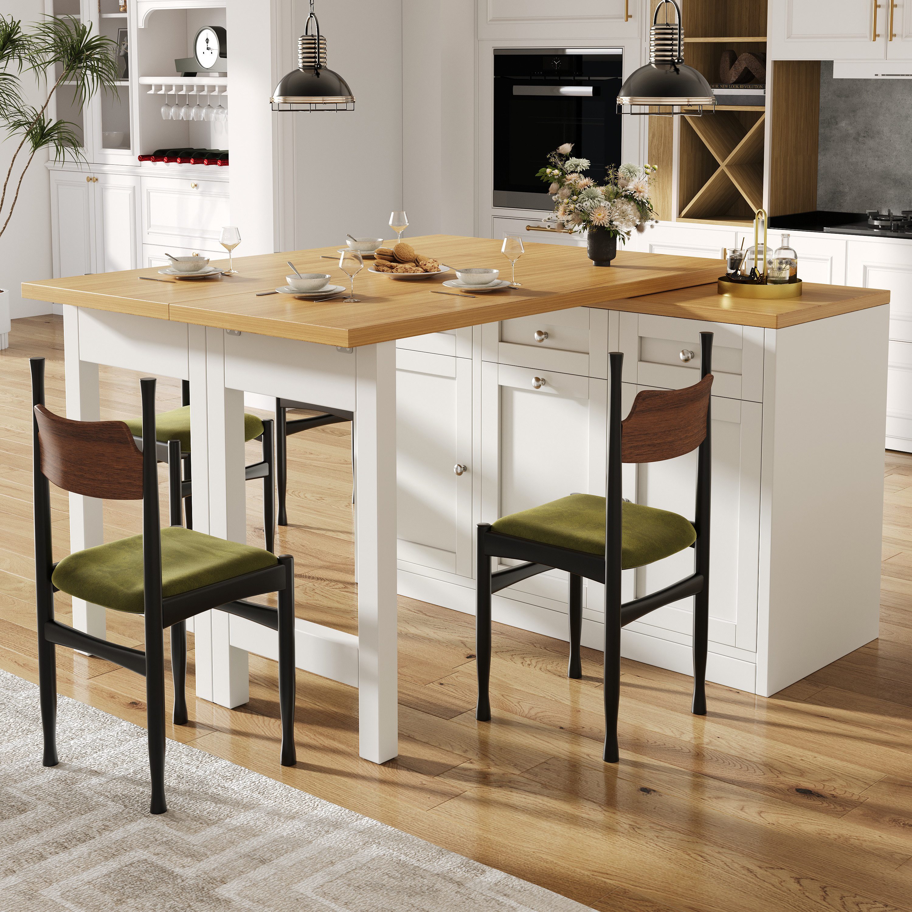Flieks Kücheninsel Küchenschrank mit 360° drehbarer und klappbarer Arbeitstisch, (Holzoptik Tischplatte Tiefe 40-80cm, Längenverstellbar 120-200cm), ausziehbarer Esstisch & Mehrzweckschrank mit Mülleimerhalter Weiß