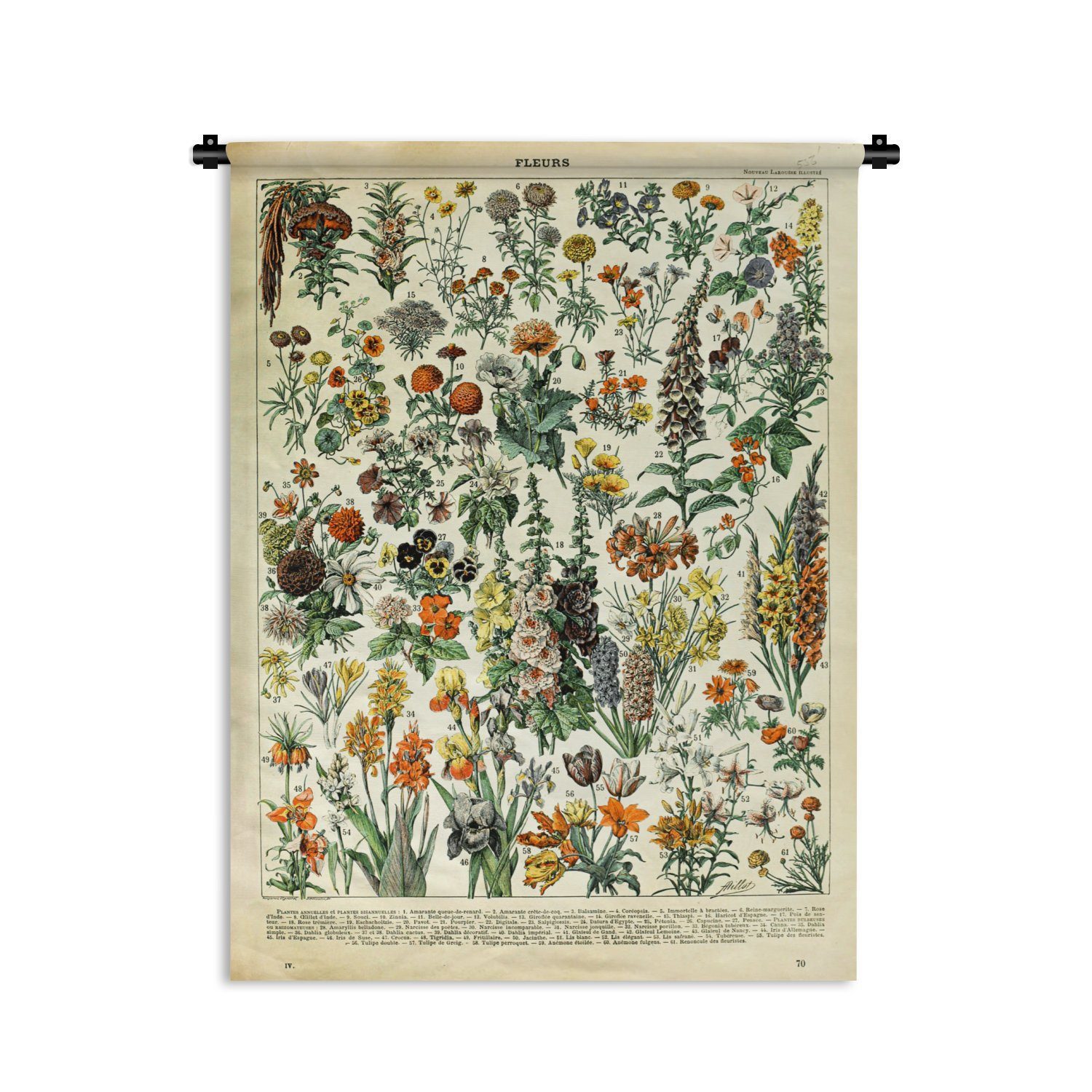 MuchoWow Wandteppich Blumen - Pflanzen - Vintage - Adolphe Millot - Kunst, Rechteckig, Höhe: 3 mm, Wandtuch für Wohnzimmer, Schlafzimmer, 60x80 cm