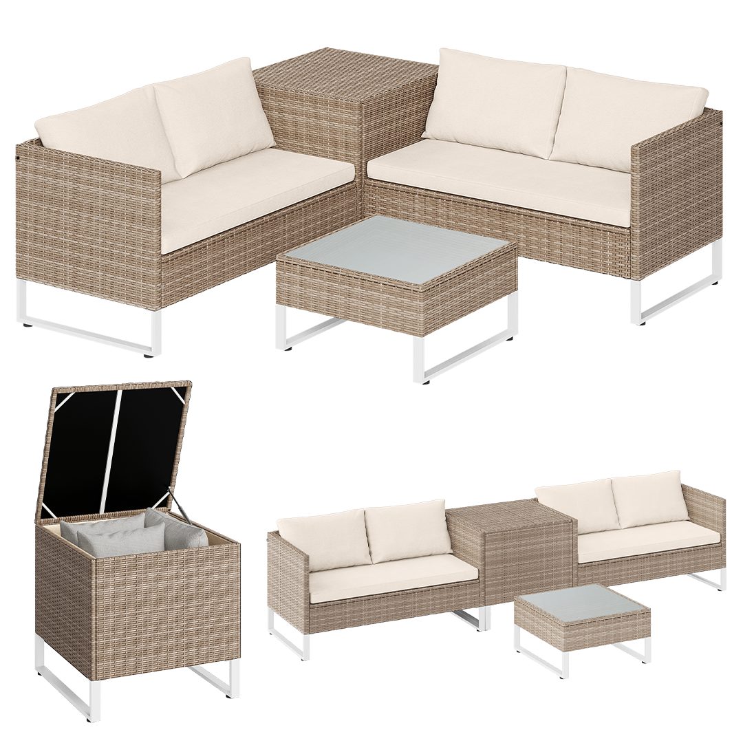 STEELSØN Gartenlounge-Set Alniyat mit 2 Sofas und Tisch, (beige, aus Polyrattan/Metall, mit Aufbewahrungsbox), Outdoor Sitzgruppe, für 4 Personen, inkl. Kissen & Polster