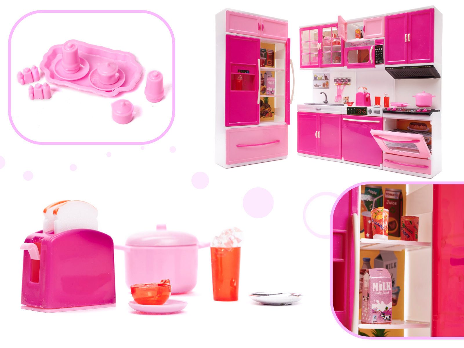 Ikonka Puppenhaus XXXL Puppenküche 4-teilig mit Licht & Zubehörr realistischen Spielspaß, (Puppenküchen-Set mit Zubehör & realistischen Funktionen, Modulare Puppenküche mit Beleuchtung & Zubehör fantasievolles Spiel), Realistische Puppenküche mit Licht, Zubehör & interaktiven Funktionen