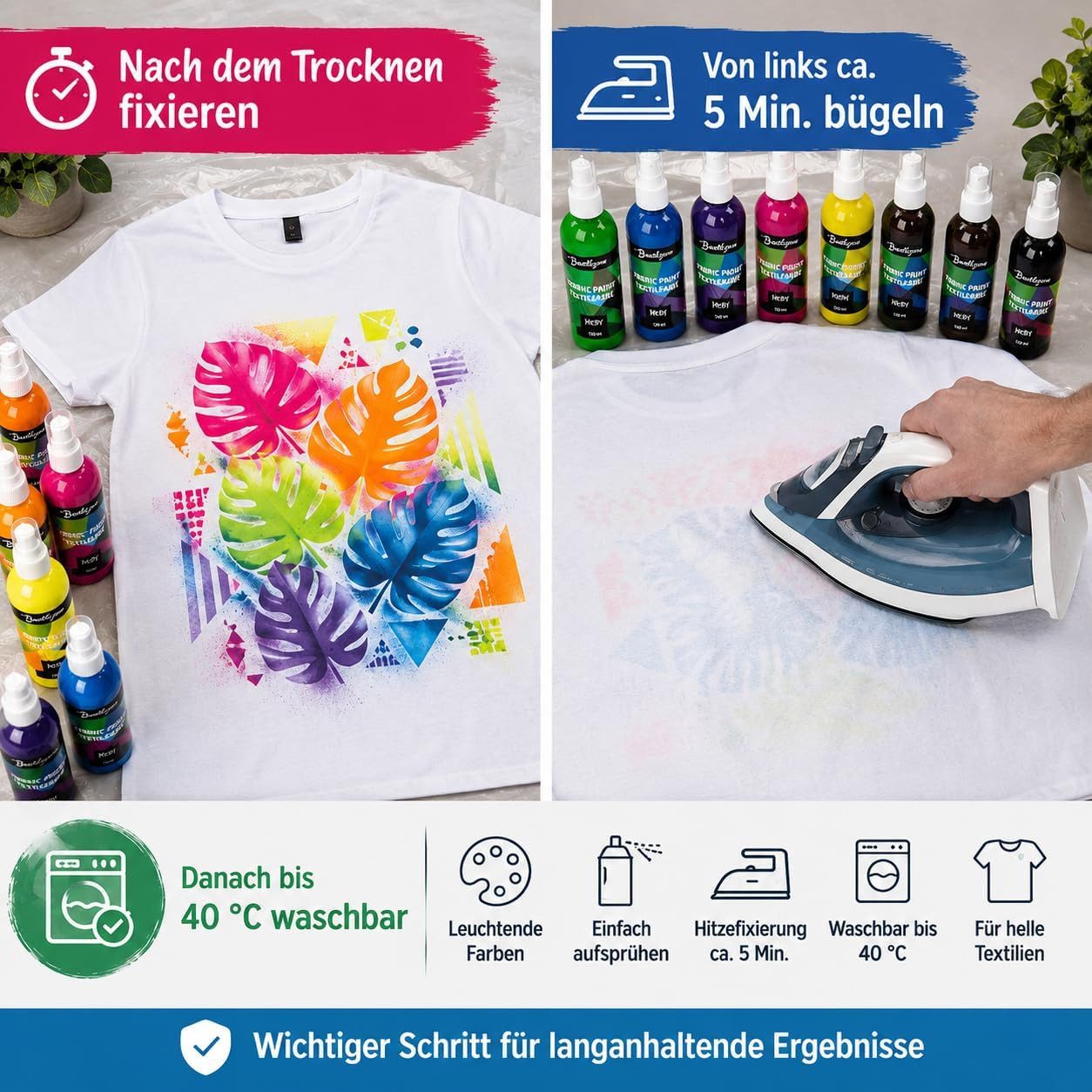 Greenpoint Textilfarbe Textilsprühfarben Stofffarbe T-Shirt Farbe Textilfarbe Spray, Waschbeständig, Hitzefixierung, gebrauchsfertig, sprühfertig – Bild 2 von 3