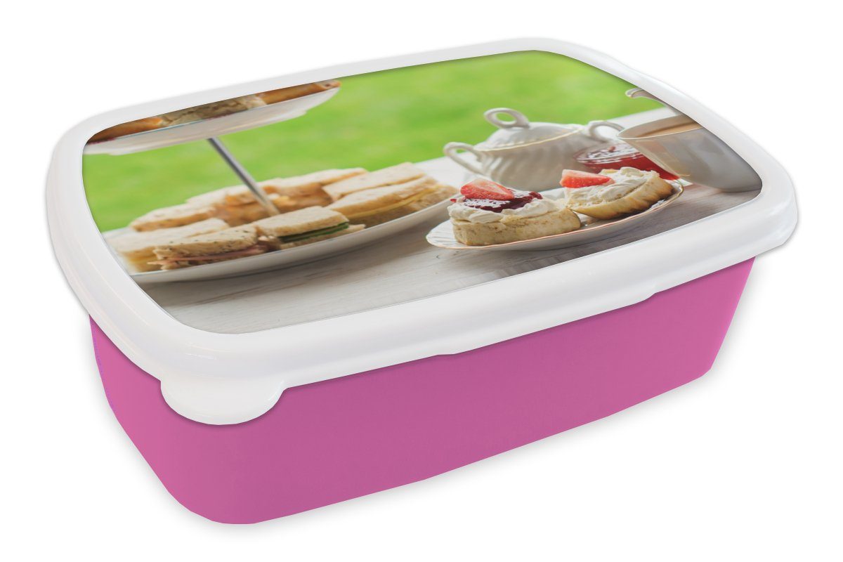 MuchoWow Lunchbox Tee - Frühstück - Erdbeere, Kunststoff, (2-tlg), Brotbox für Erwachsene, Brotdose Kinder, Snackbox, Mädchen, Kunststoff rosa