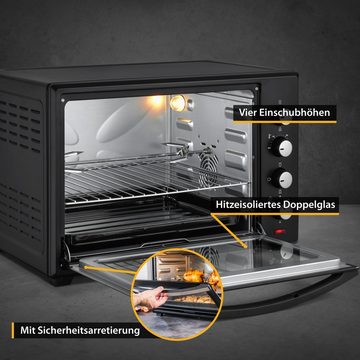 TZS FIRST AUSTRIA Minibackofen Pizzaofen, 2000W, 60L, mit Innenbeleuchtung, Umluft-Funktion, Drehspieß für 2 Hühnchen, Mini Backofen, herausnehmbares Krümelblech