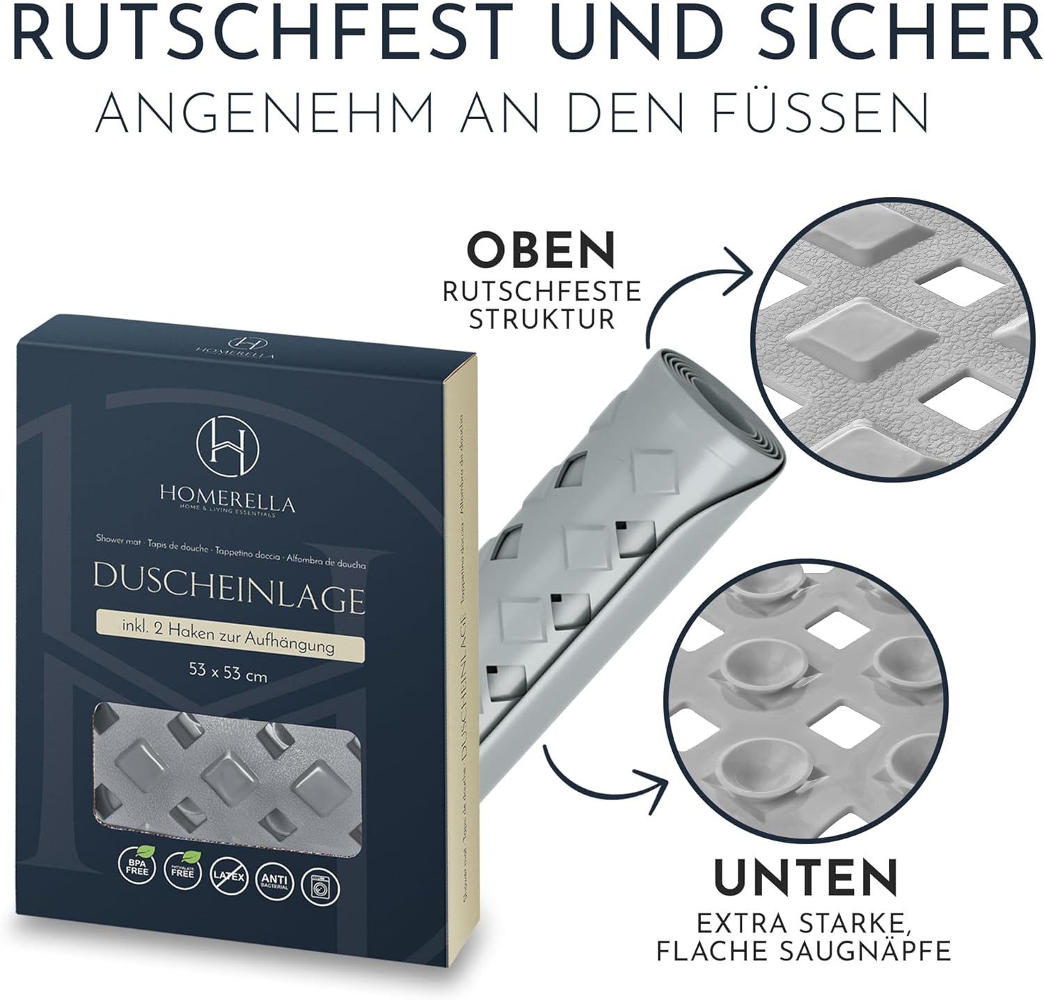 Homerella Duschmatte rutschfest - 100% BPA frei - Inkl. 2 Haken zum Aufhängen 53x53cm, Antirutschmatte Dusche hautsensitiv & schimmelresistent, - Duscheinlage m – Bild 4 von 5