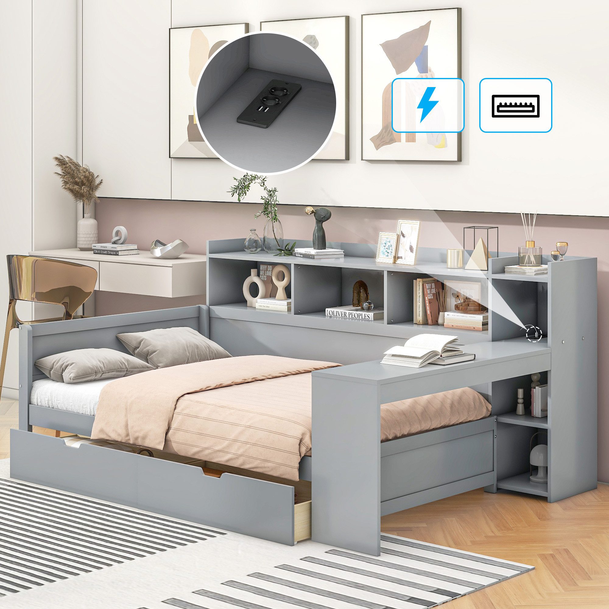 SOFTWEARY Jugendbett mit Schreibtisch und Bücherregal günstig online kaufen