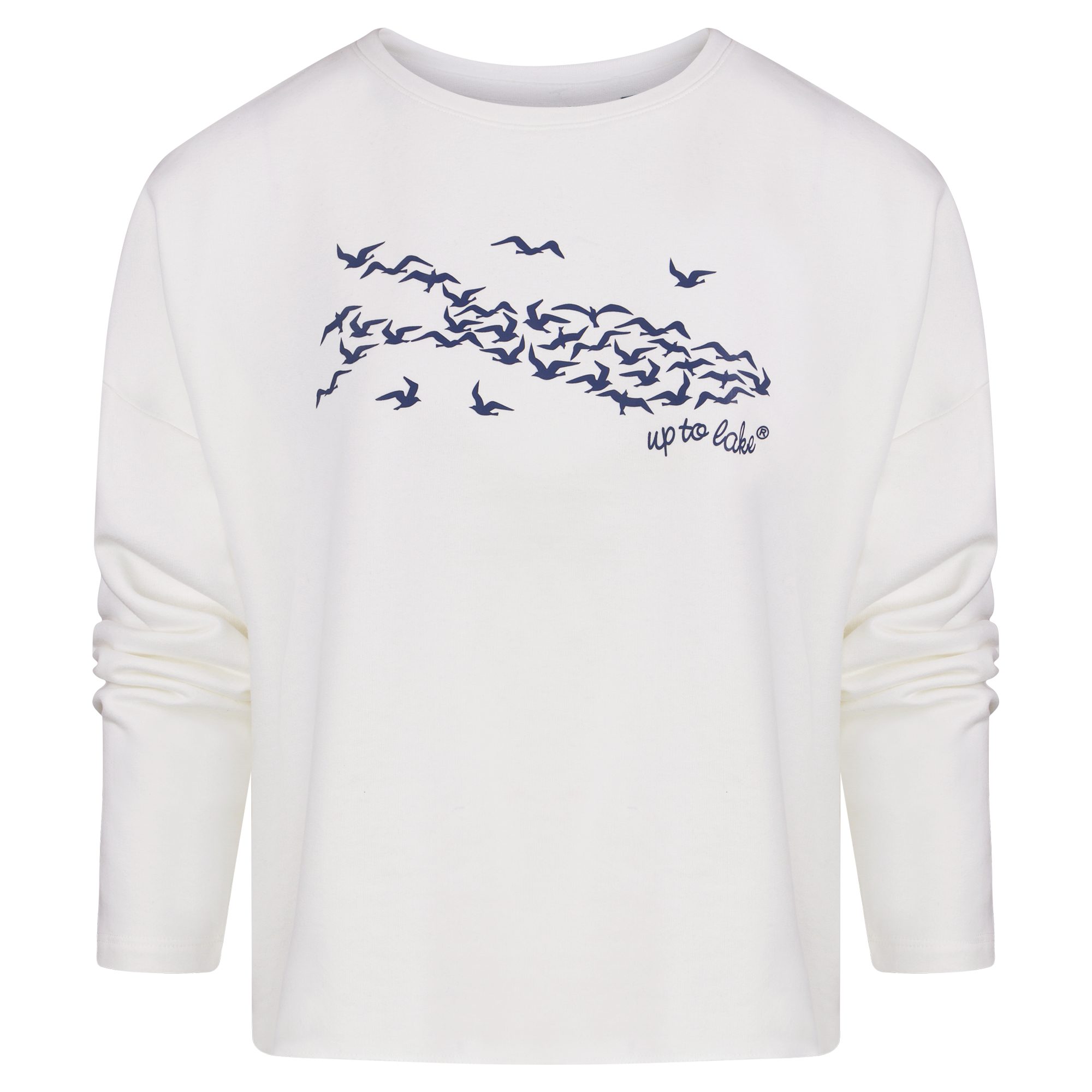 uptolake design Sweatshirt für Damen aus weichem Baumwollstoff mit "Mövensee-Bodensee" Design Offwhite/Blau