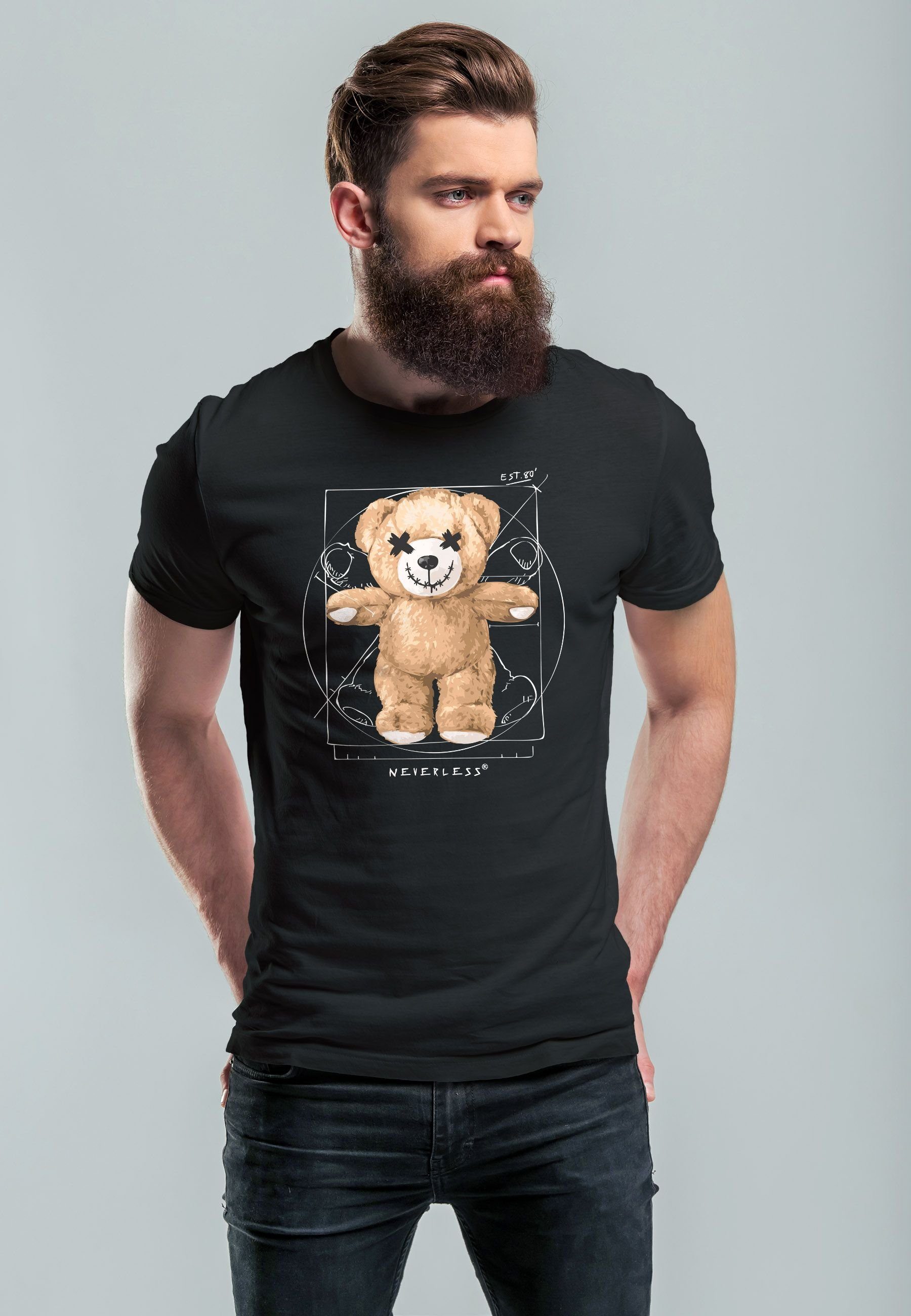 Meme Neverless Print-Shirt Parodie Fashion Bär Teddy Print T-Shirt DaVinci Print schwarz Streetstyl mit Herren