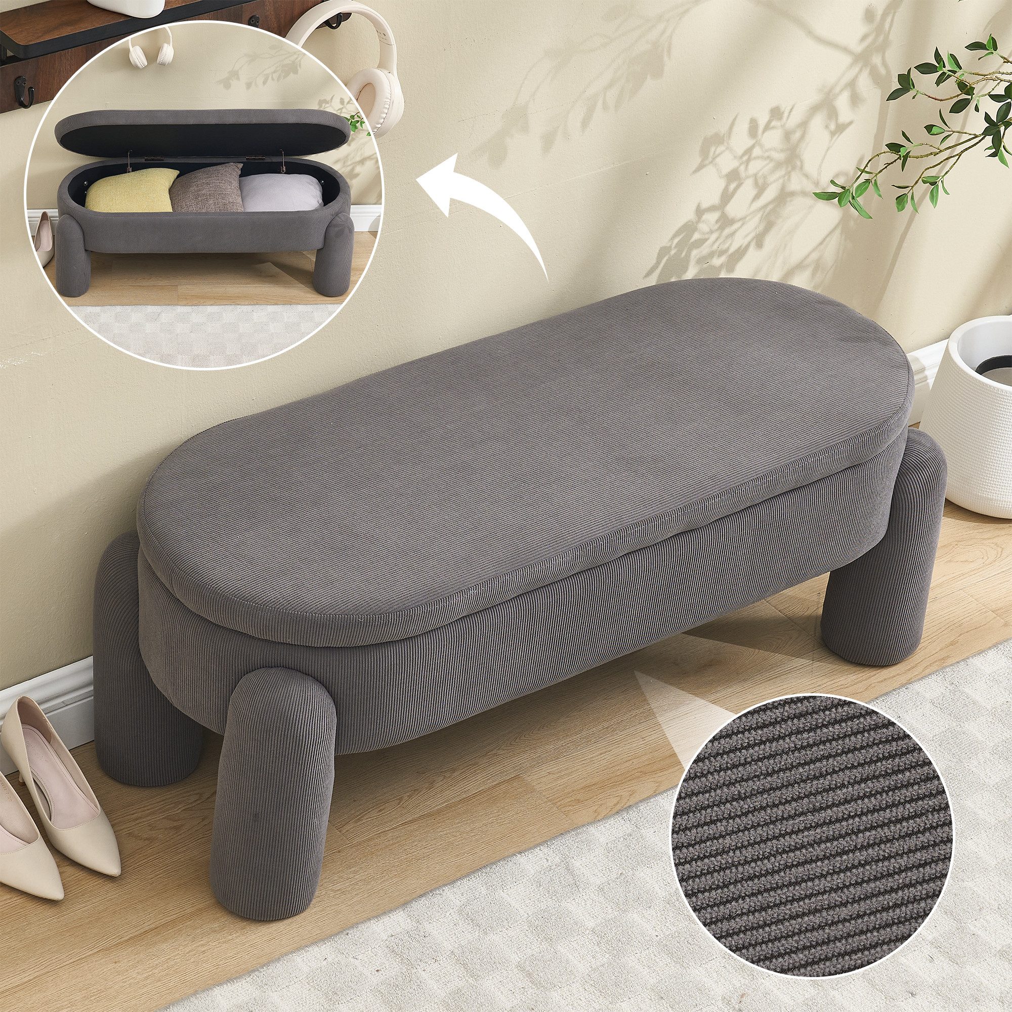 Totnz Polsterbank Sitzhocker mit Stauraum 104x36x15 cm aus Cordstoff (21 cm Bodenfreiheit, für Wohnzimmer, Schlafzimmer und Flur), pflegeleicht für Ordnung im Alltag