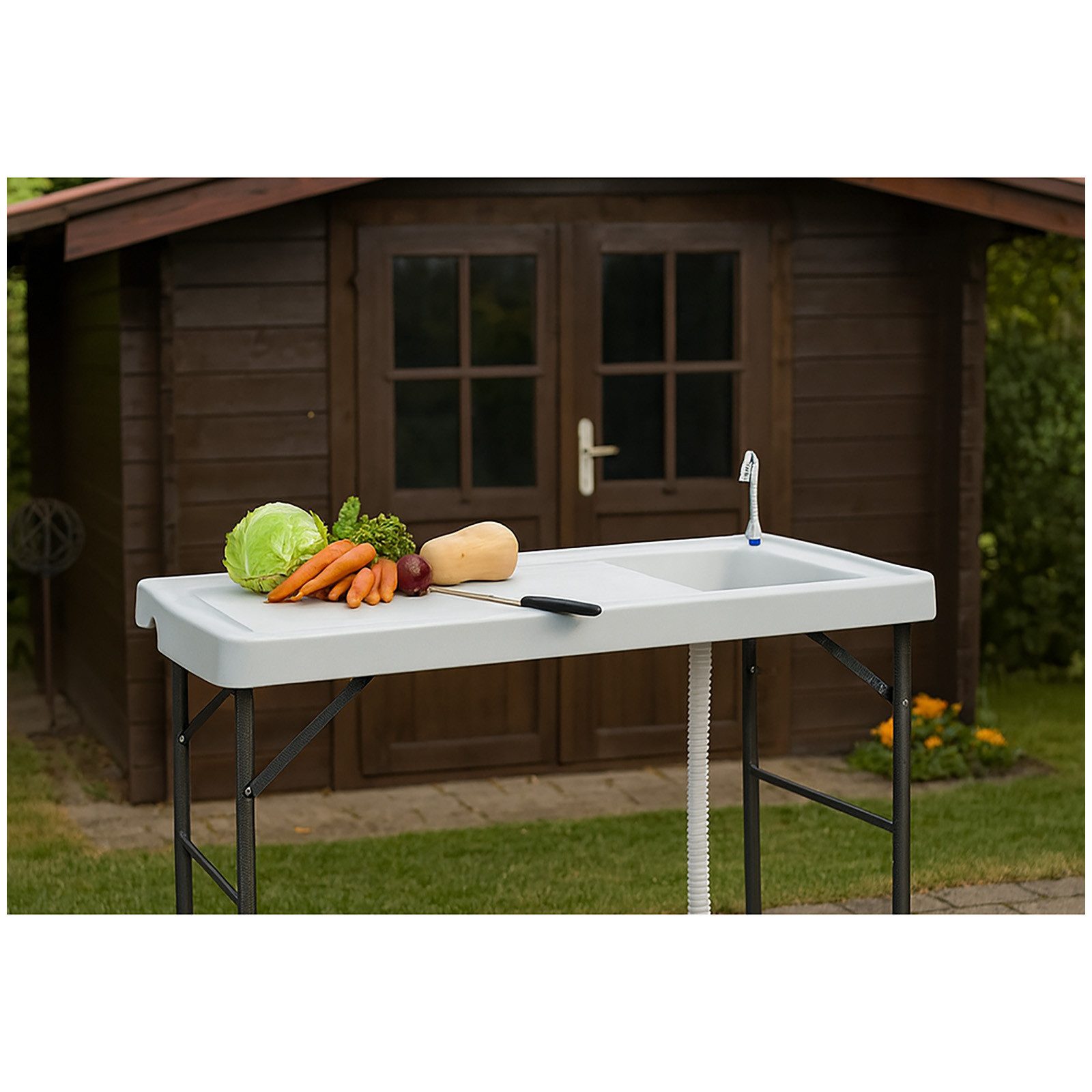 HTI-Living Arbeitstisch Filetier Tisch Fritz (Stück, 1-St., 1 Wasserhahnanschlussohr, 1 Galvanikwasserhahn, 1 Kanalisationsrohr), Campingspüle Fischreinigungstisch