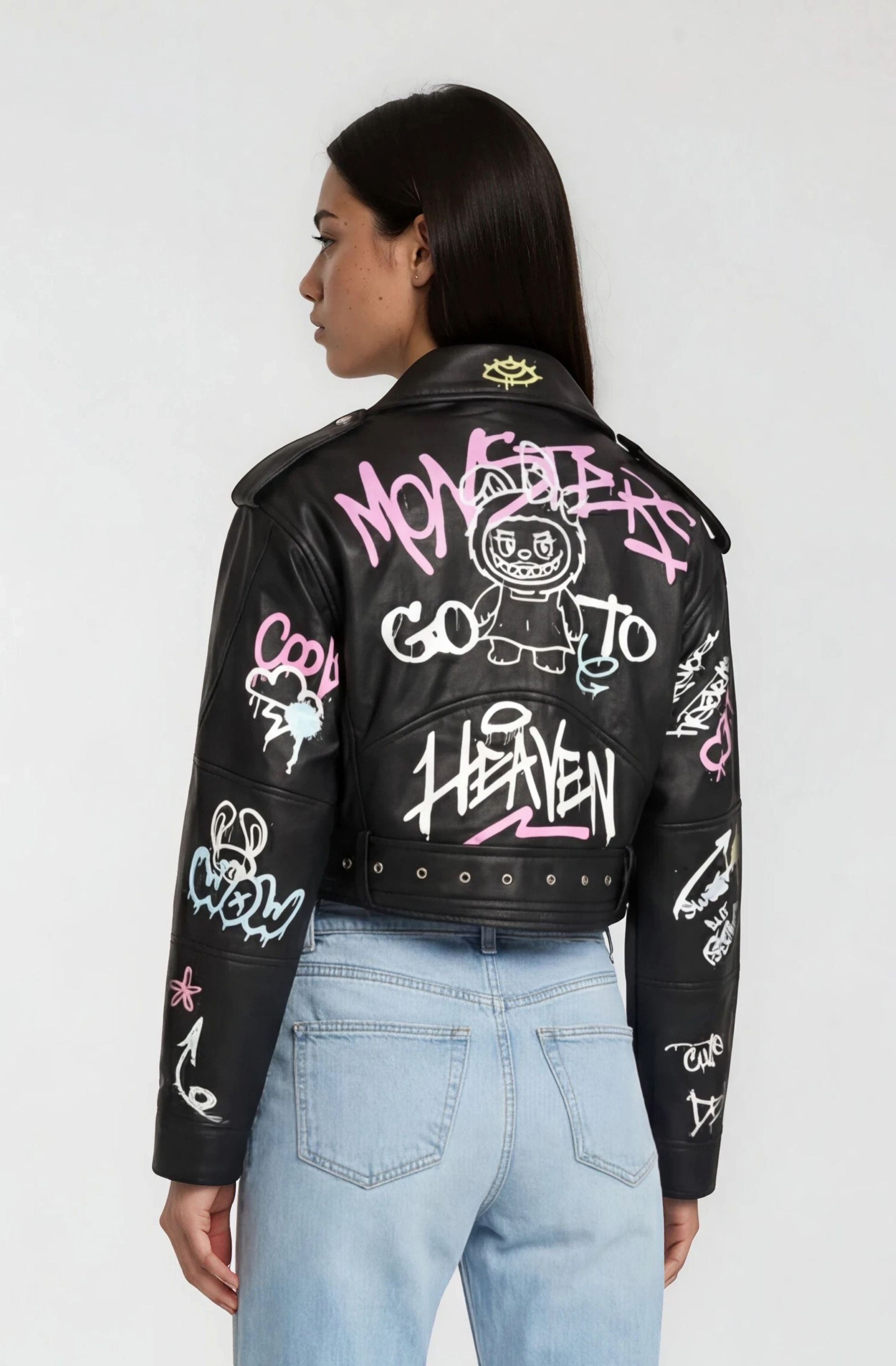 trueprodigy Lederjacke Senra Graffitiprint, Reverskragen und Gürtel