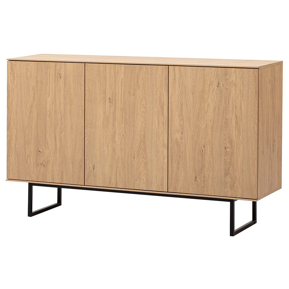 Lomadox Sideboard KASOL-61, Eiche Dekor 150 cm 3-türig grifflos Push-to-open Metallgestell schwarz