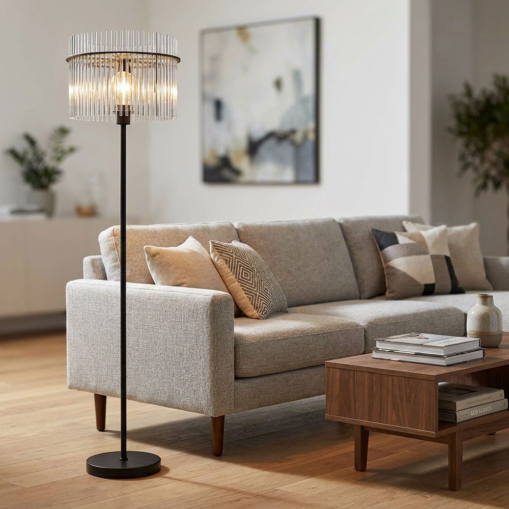 GLOBO LIGHTING LED Stehlampe, Leuchtmittel inklusive, Warmweiß, LED Stehleuchte Wohnzimmer Stehlampe Retro Design Rauchglas Höhe 152cm