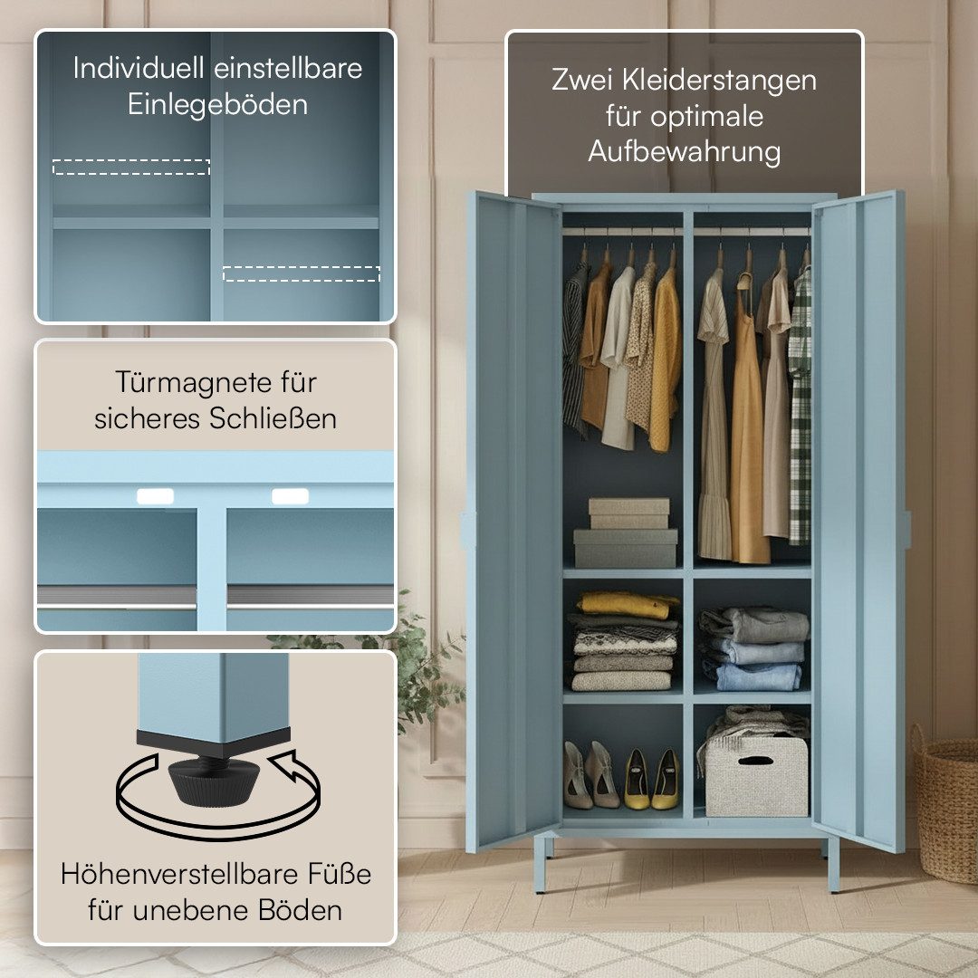 skølm Kleiderschrank Ituri aus Metall (Blau) Metallschrank mit 6 Fächern & 2 Kleiderstangen, 170x80x45 cm