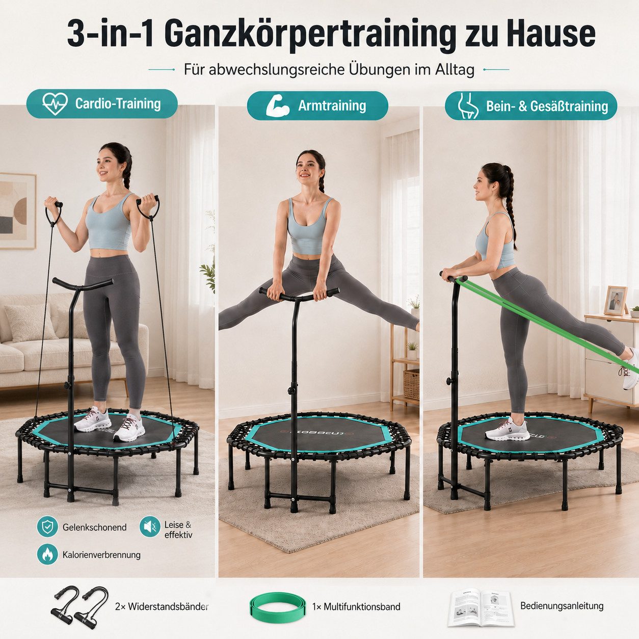 CITYSPORTS Fitnesstrampolin Mini-Trampolin mit Haltegriff 3-fach höhenverstellbar, Ø130cm, 8-Eck, 130 cm Rahmendiagonale, faltbar, bis 100 kg
