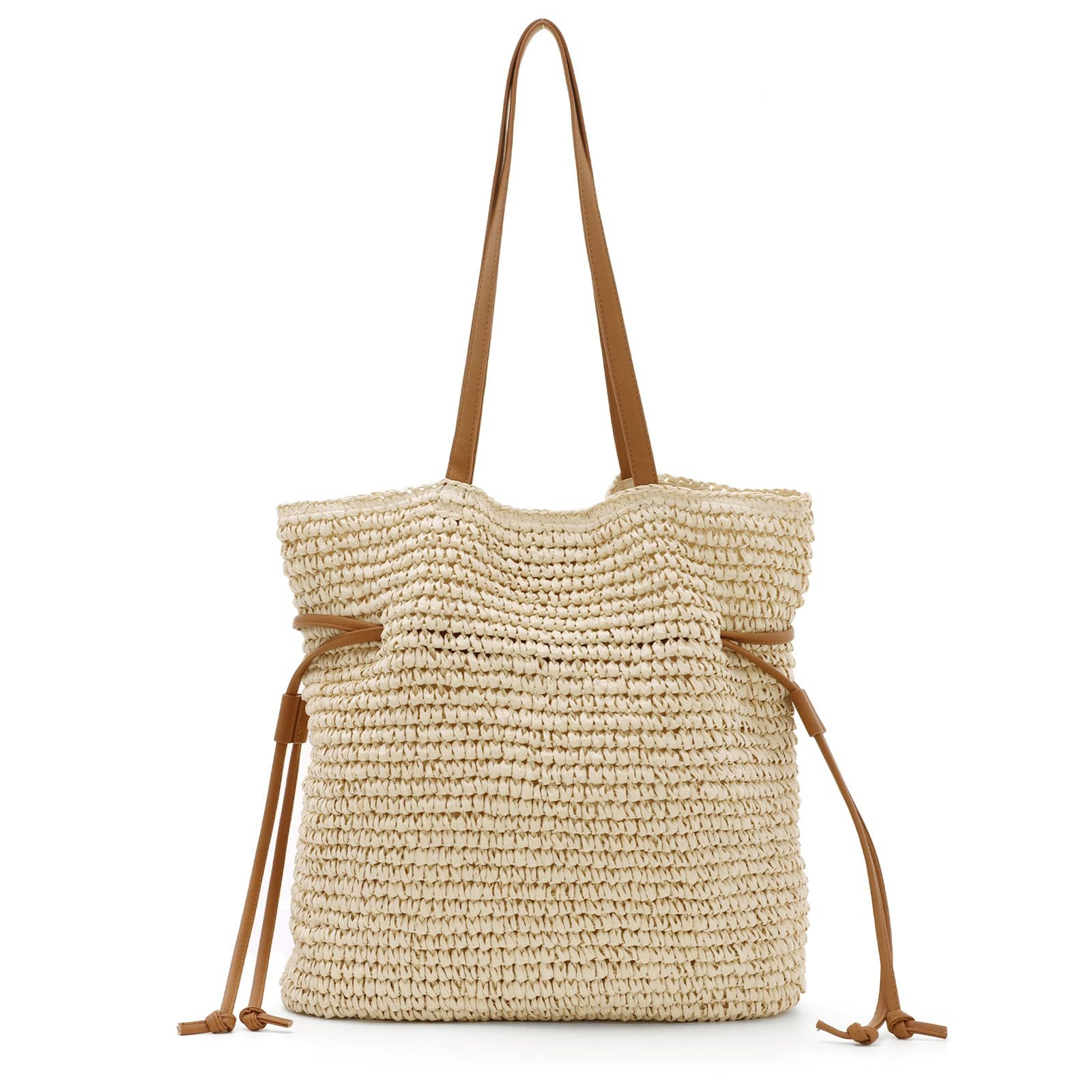 FOUORTUNATE-BEE Handtasche Damen Strohtaschen, Geflochtene Sommer-Handtasche, Strand-Tote (Kordelzug-Schultertasche)