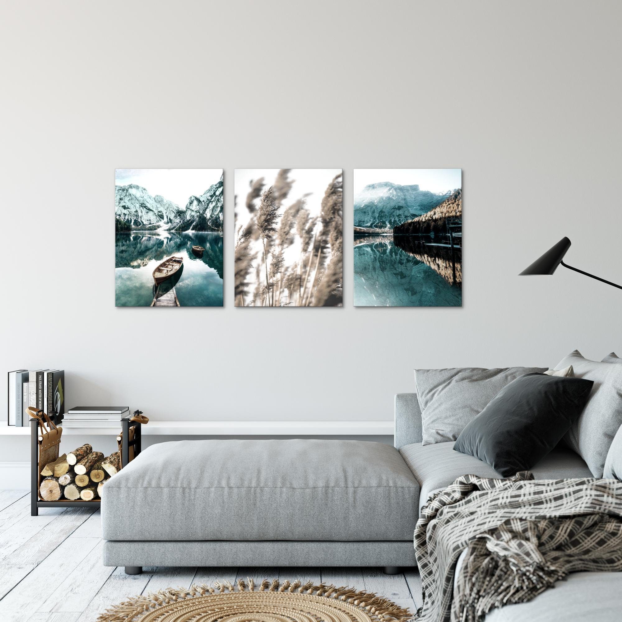 Novart Wandbild 3 Wandbilder Set Natur Wohnzimmer Deko Landschaft Berge Boho, Natur