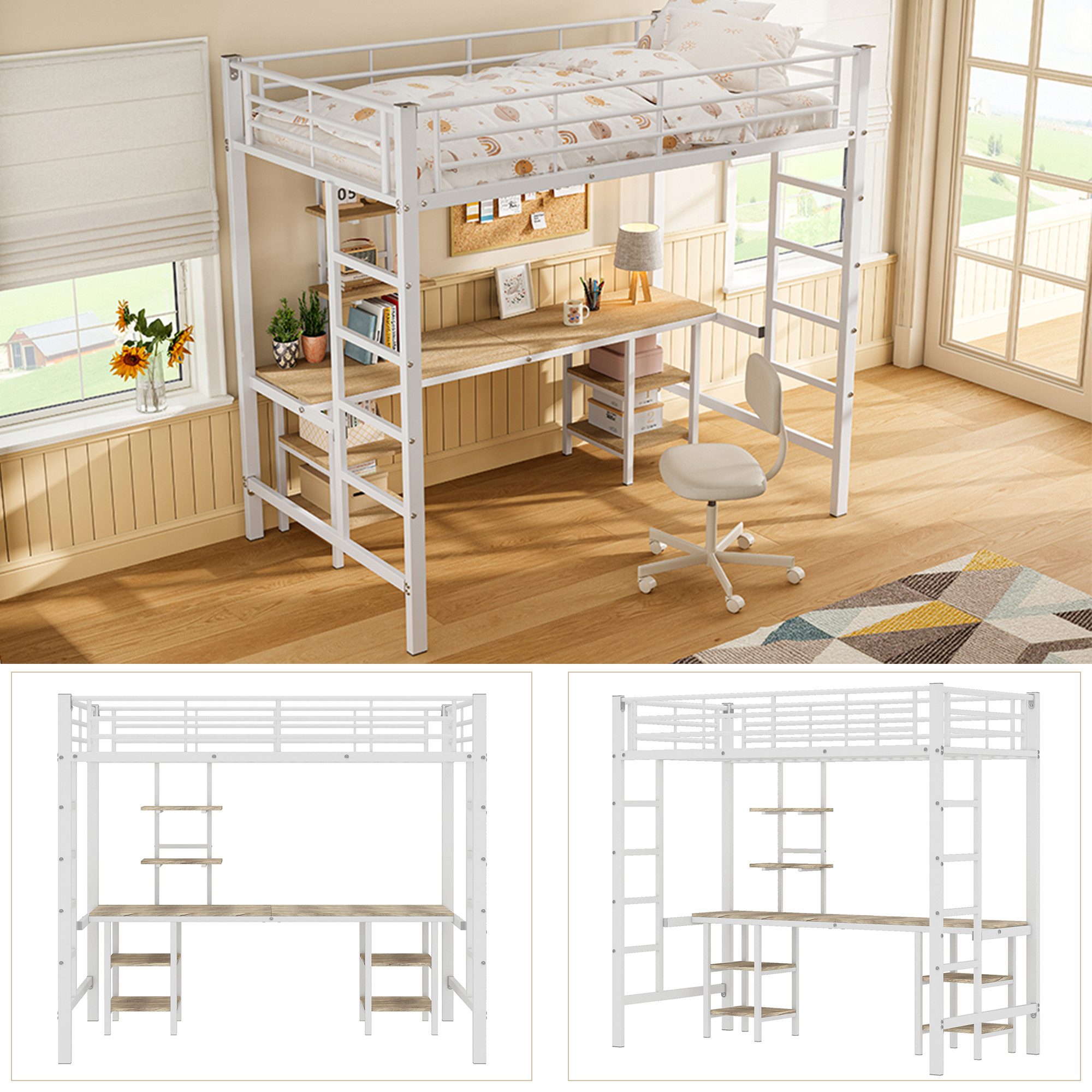 Merax bunk bed with desk and 3 bookshelves, iron bed, loft bed 90x200cm