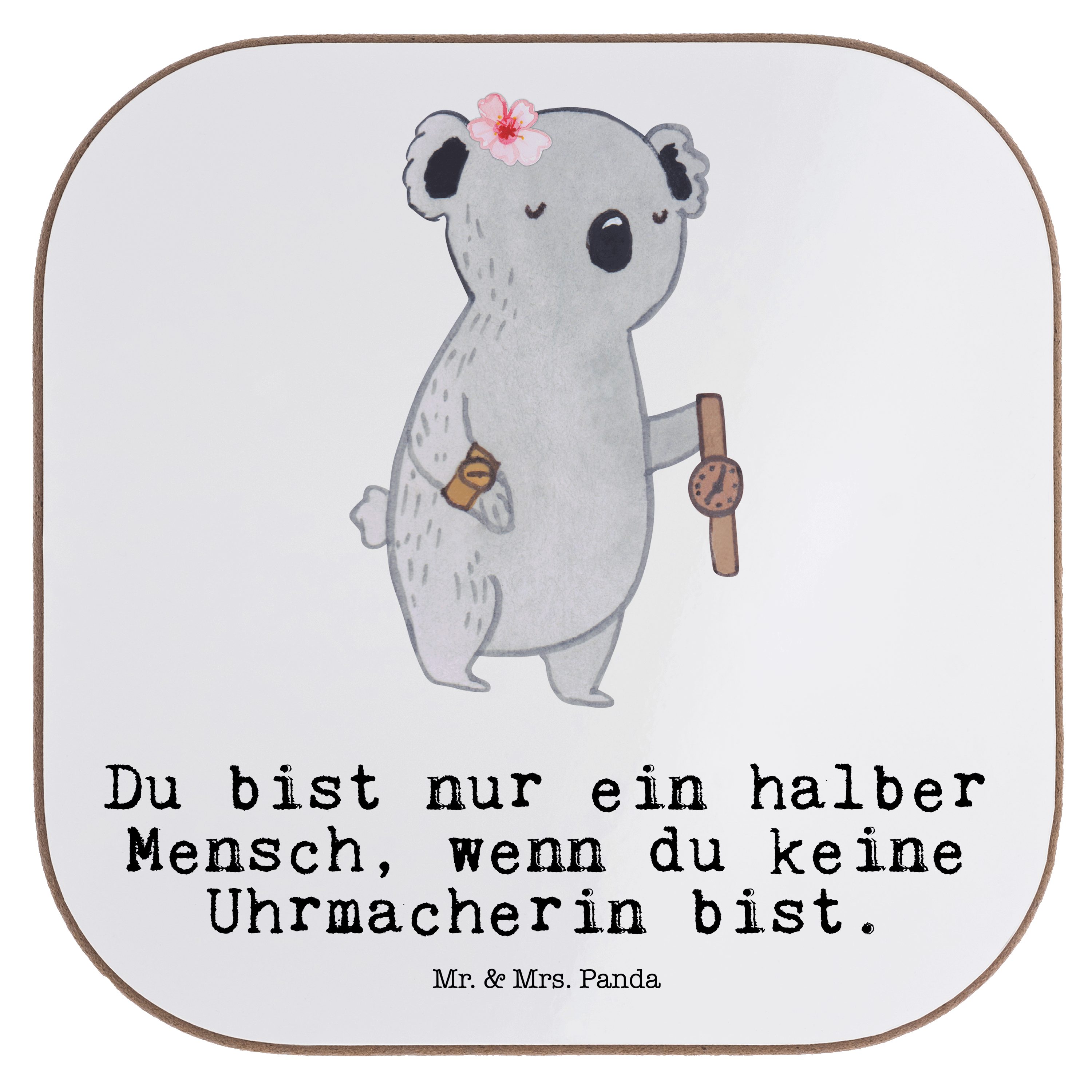 Mr. & Mrs. Panda Getränkeuntersetzer Uhrmacherin mit Herz - Weiß - Geschenk, Mitarbeiter, Bierdeckel, Arbe, 1-tlg.