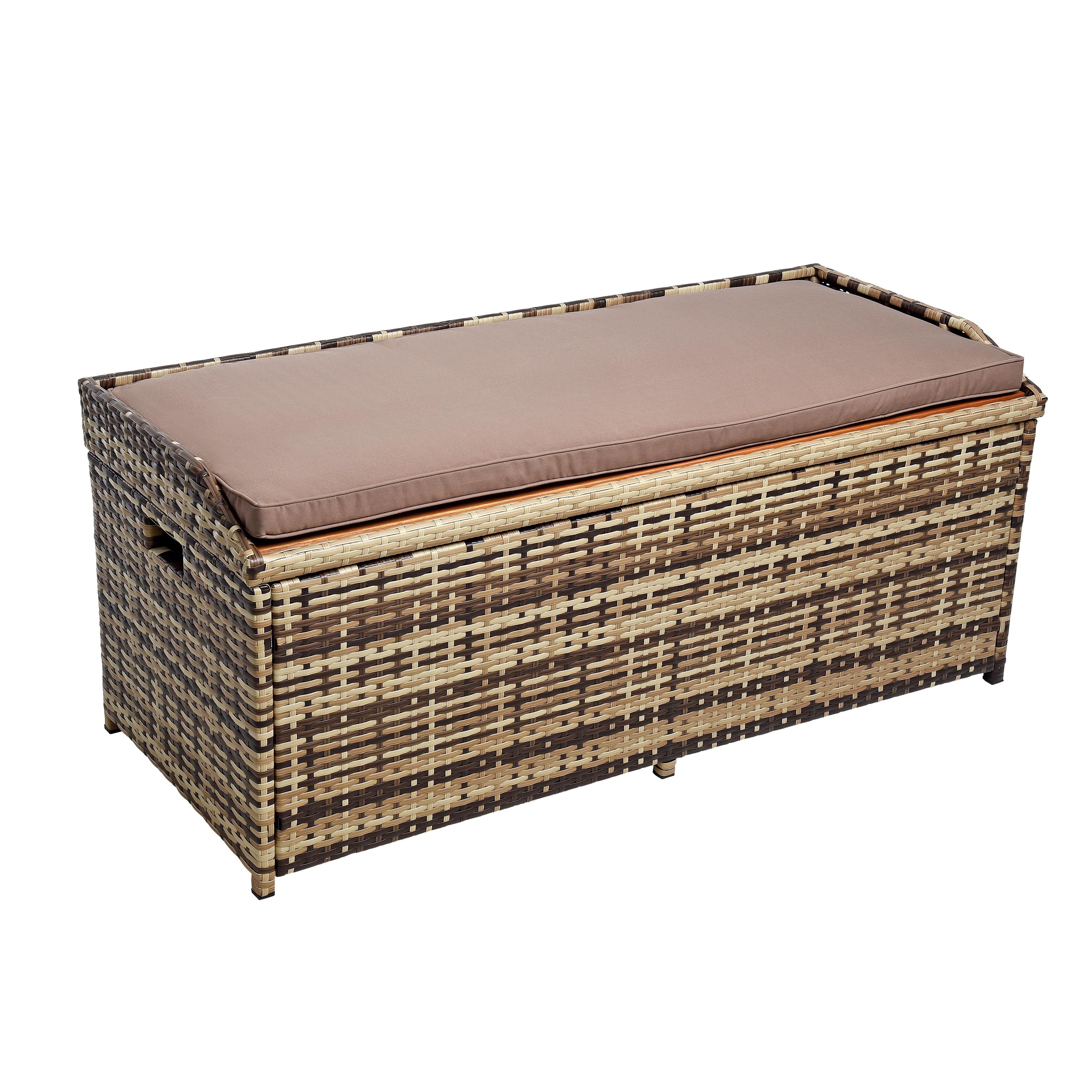 ESTEXO Gartenbank Sitzbank mit Auflagenbox Rattan Kissentruhe Polyrattan Beige-Braun