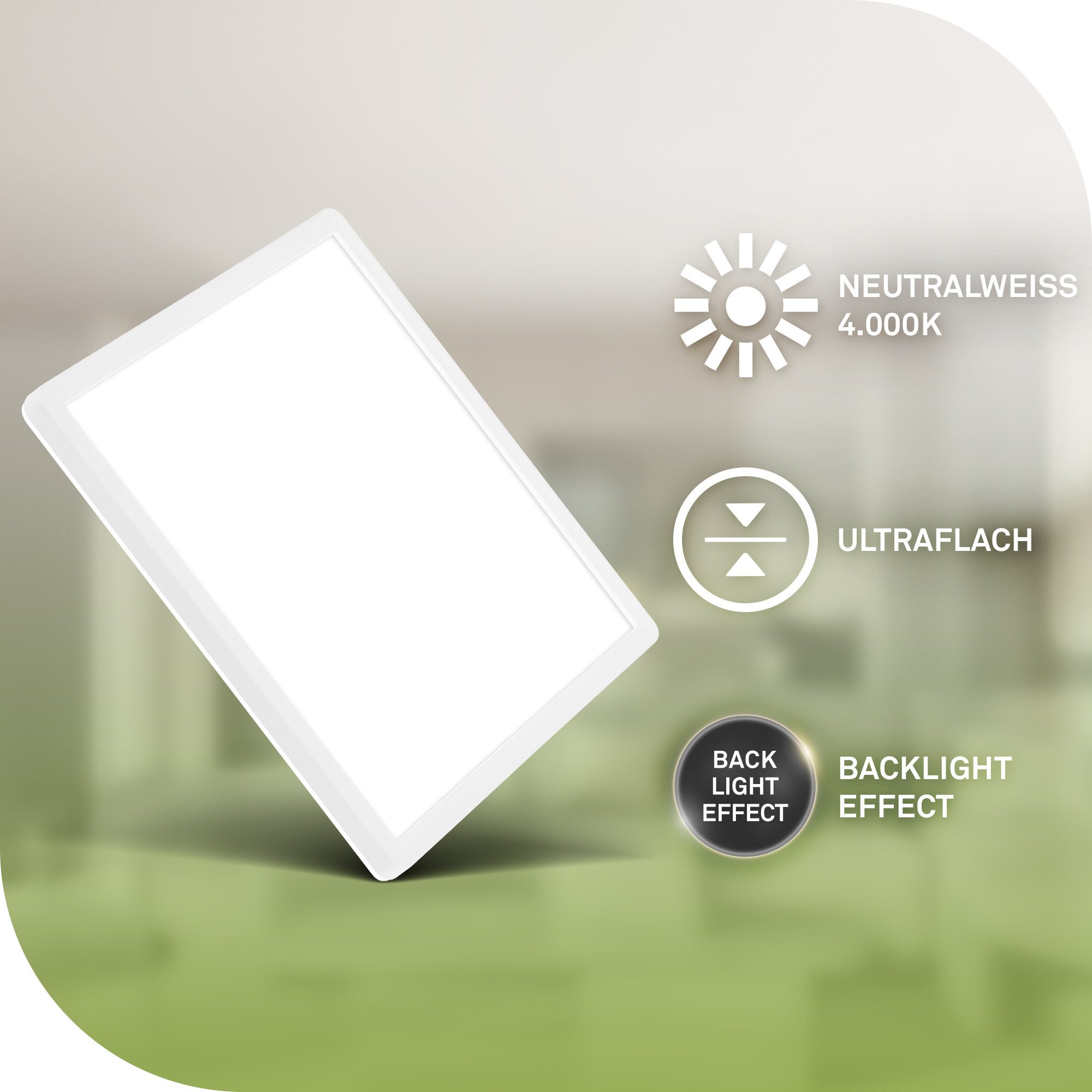 Briloner Leuchten LED Panel Deckenlampe ultraflach Energieeffizienz A Backlight-Effekt, LED fest integriert, LED wechselbar, 4000K, Verschiedene Ausführungen, Wohnzimmer Schlafzimmer Küche